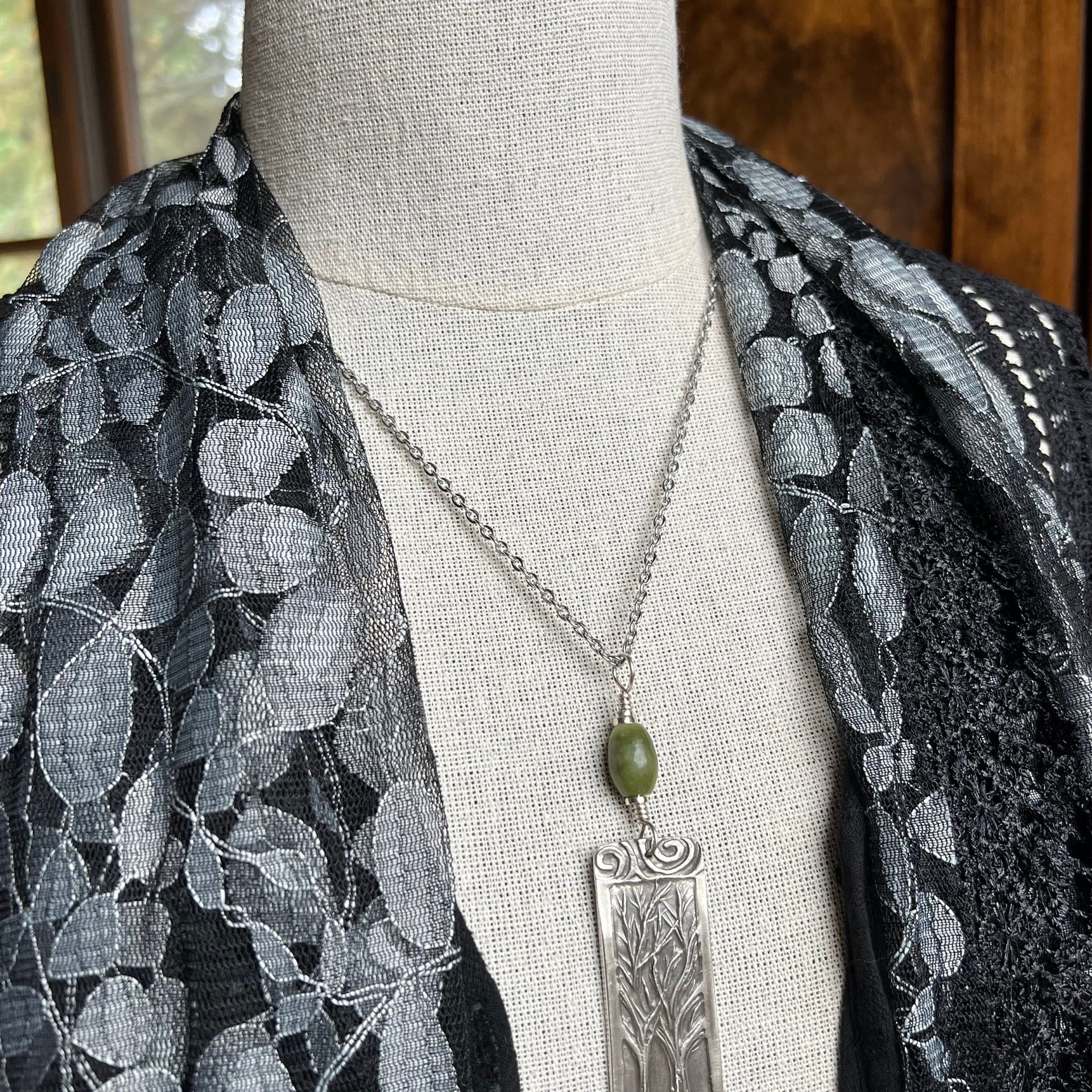Two Trees Pendant, Sterling Silver, Connemara Marble, Long Skinny Tree Necklace, Intertwined Trees, Irish Celtic Spirals, Tree Branches