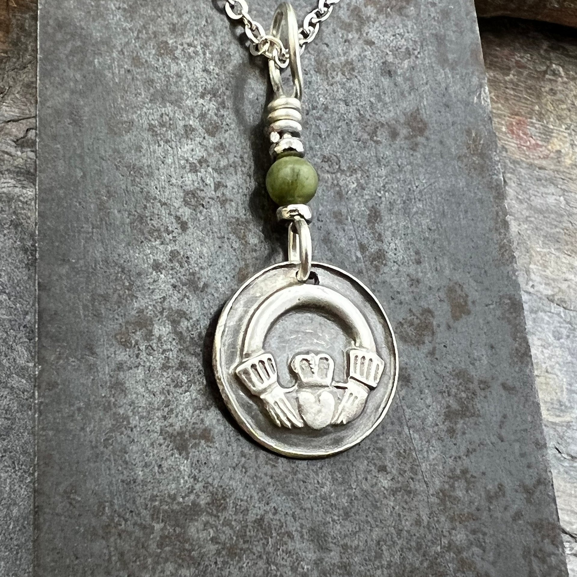 Claddagh, Sterling Silver, Wax Seal Charm, Connemara Marble, Irish Celtic Jewelry, Leather & Vegan Cords, Love, Friendship, Loyalty, Ireland