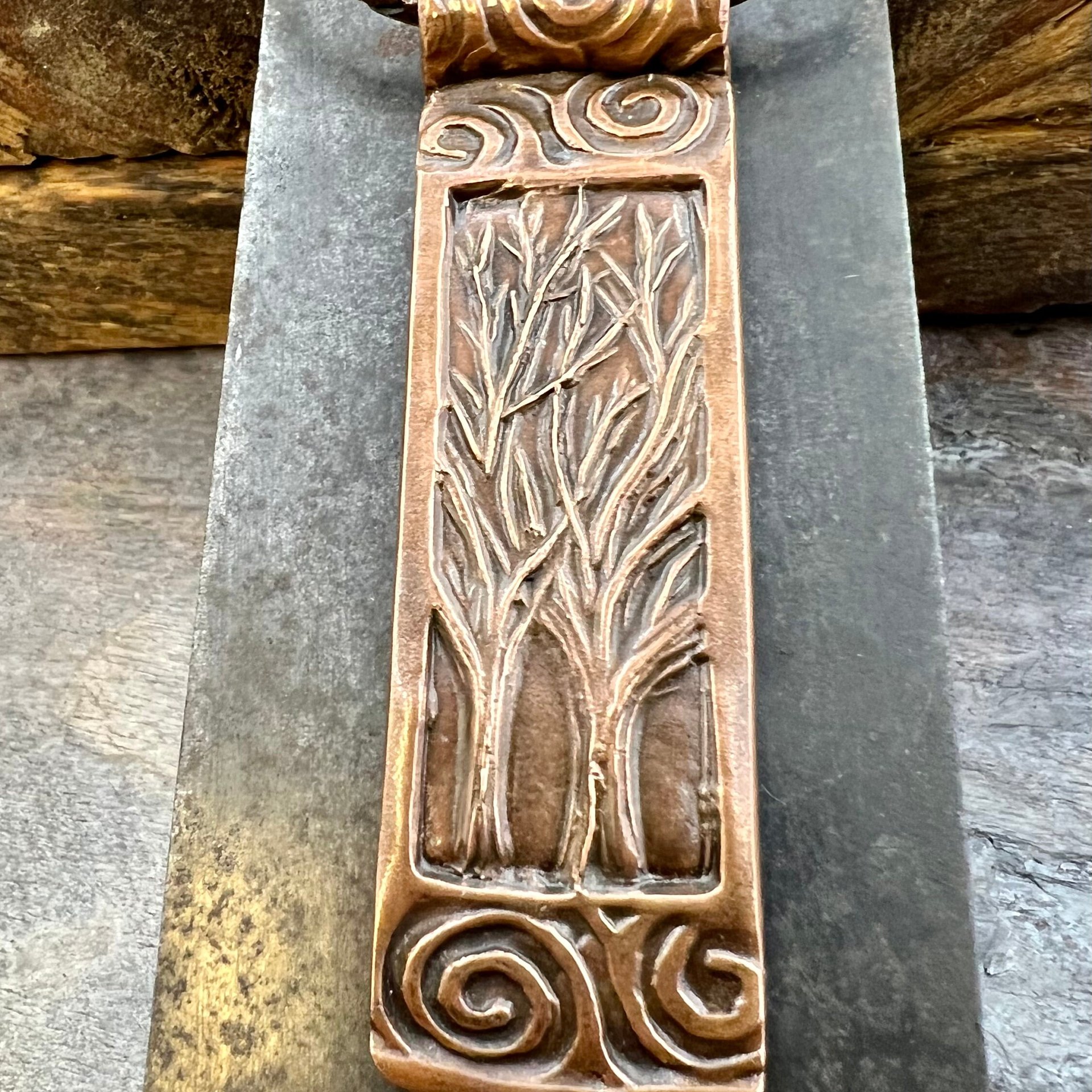 Two Trees Copper Pendant, Irish Celtic Spirals, Hand Carved, Intertwined in Love, 7th Anniversary, Leather & Vegan Cords, Long Tree Necklace