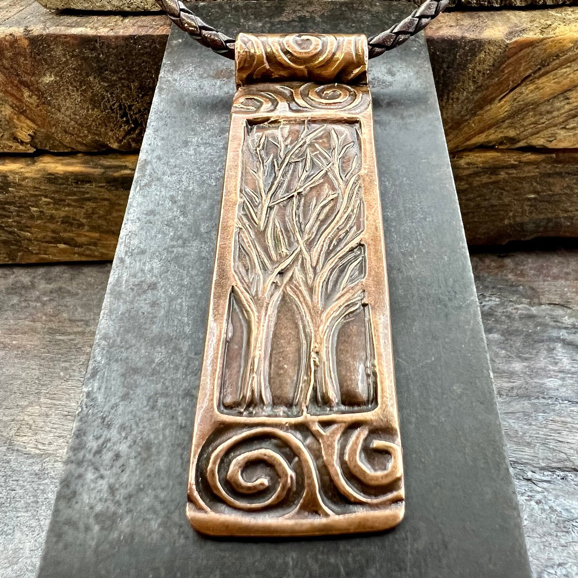 Two Trees Copper Pendant, Irish Celtic Spirals, Hand Carved, Intertwined in Love, 7th Anniversary, Leather & Vegan Cords, Long Tree Necklace