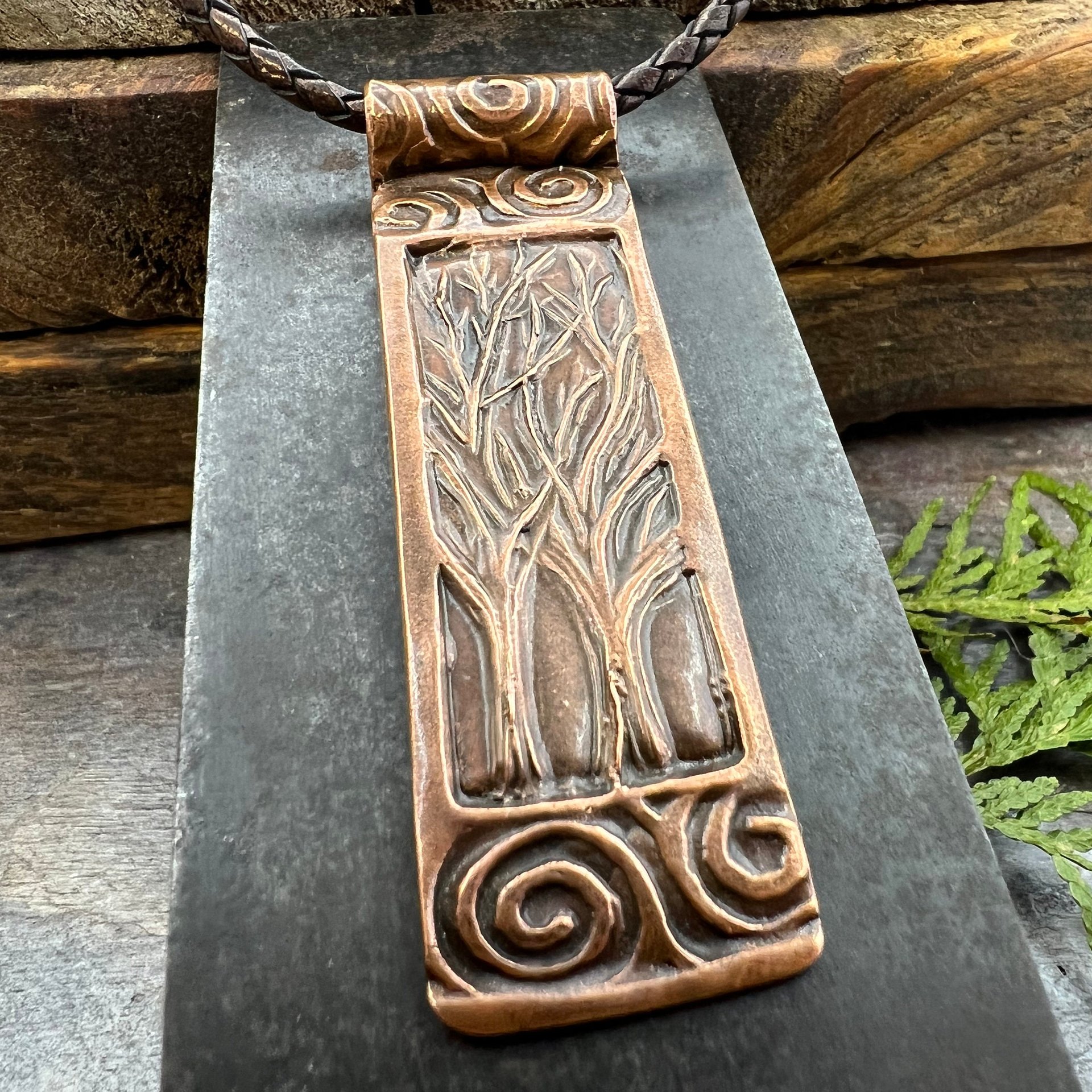 Two Trees Copper Pendant, Irish Celtic Spirals, Hand Carved, Intertwined in Love, 7th Anniversary, Leather & Vegan Cords, Long Tree Necklace