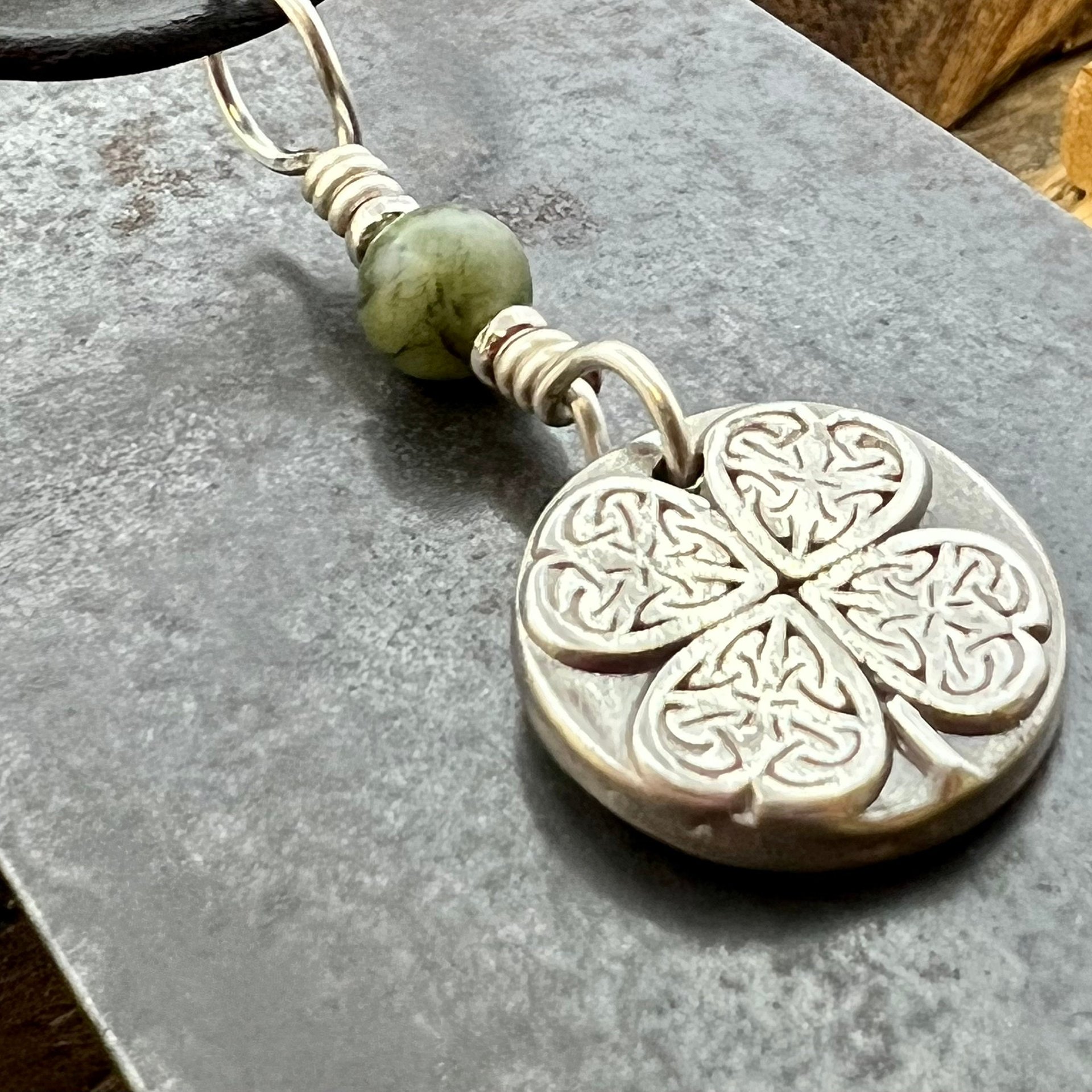 Four Leaf Clover, Sterling Silver, Wax Seal Charm, Connemara Marble, Irish Celtic Jewelry, Pagan Celtic Witch, 4 Leaf, Luck of the Irish