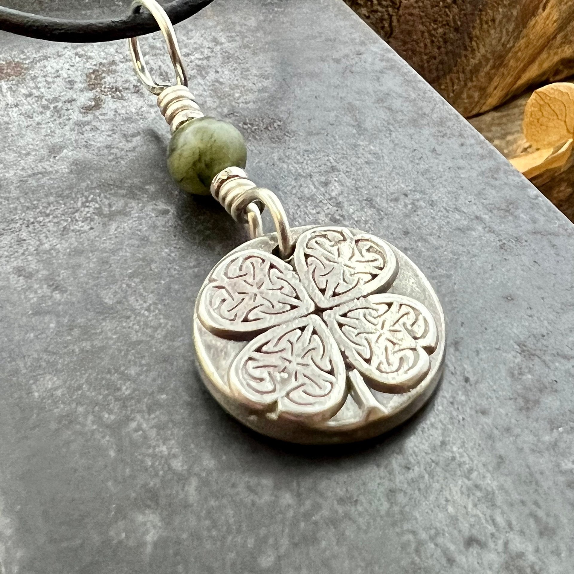 Four Leaf Clover, Sterling Silver, Wax Seal Charm, Connemara Marble, Irish Celtic Jewelry, Pagan Celtic Witch, 4 Leaf, Luck of the Irish