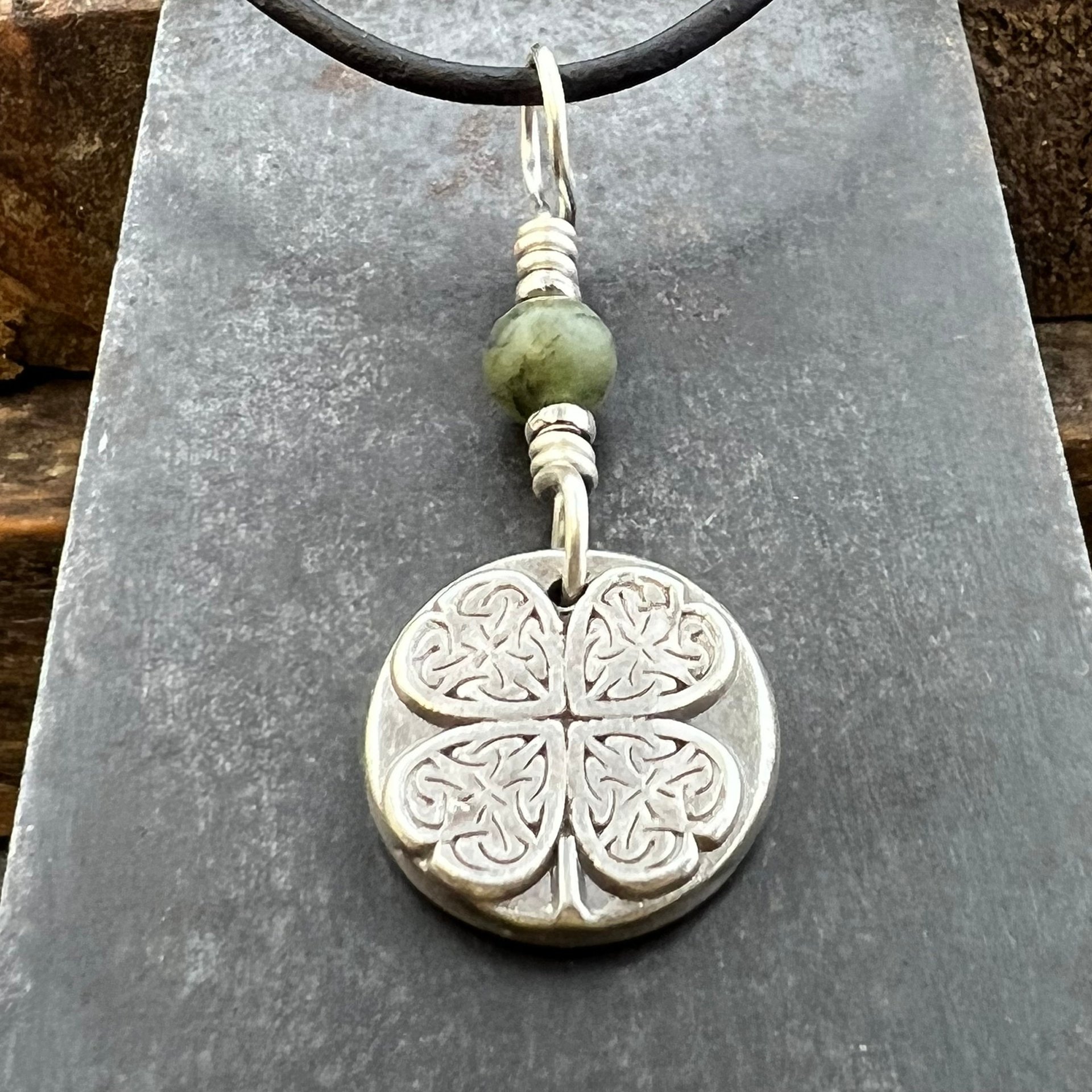Four Leaf Clover, Sterling Silver, Wax Seal Charm, Connemara Marble, Irish Celtic Jewelry, Pagan Celtic Witch, 4 Leaf, Luck of the Irish