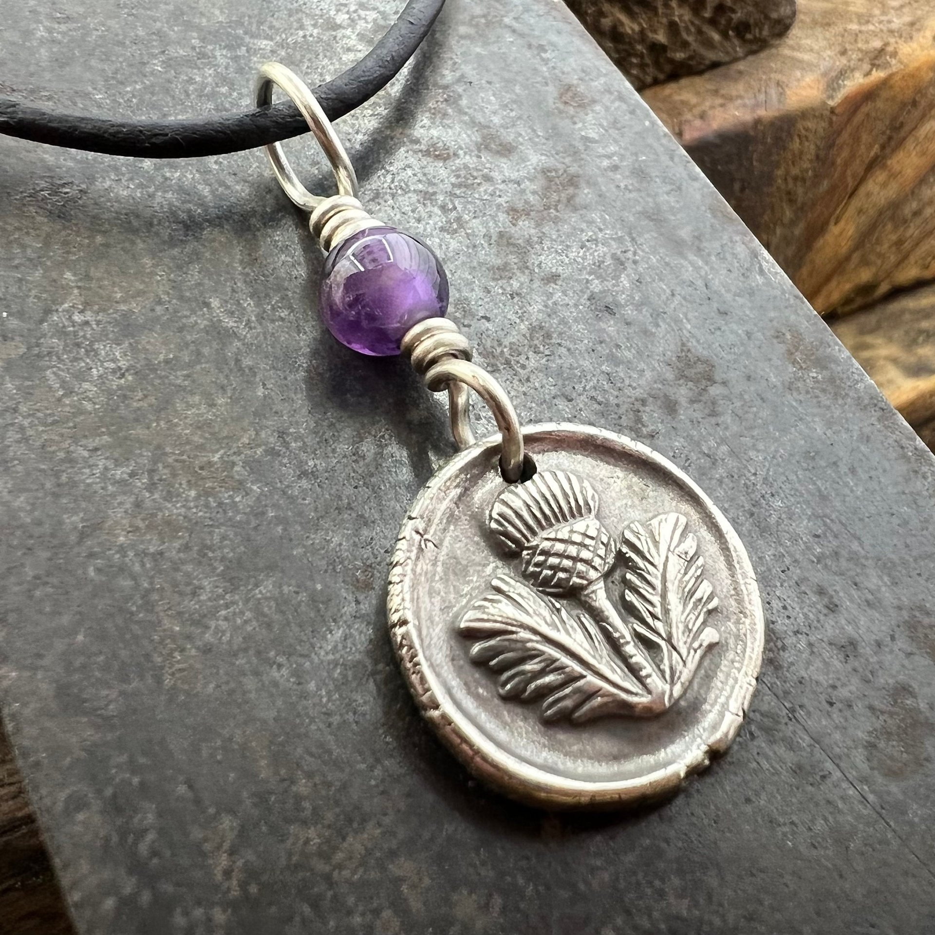 Thistle of Scotland, Sterling Silver, Wax Seal Charm, Scottish Jewelry, Highlander, Scottish Thistle, Amethyst, Outlander Gift, Spirals