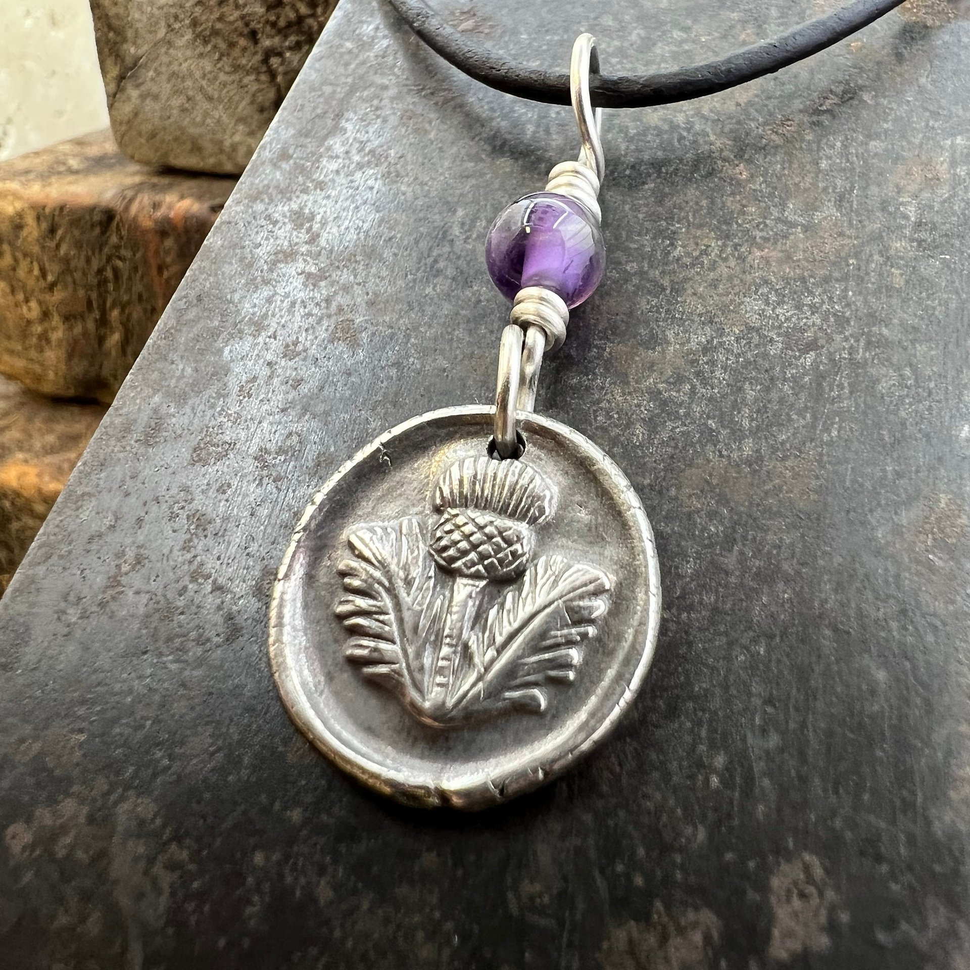 Thistle of Scotland, Sterling Silver, Wax Seal Charm, Scottish Jewelry, Highlander, Scottish Thistle, Amethyst, Outlander Gift, Spirals