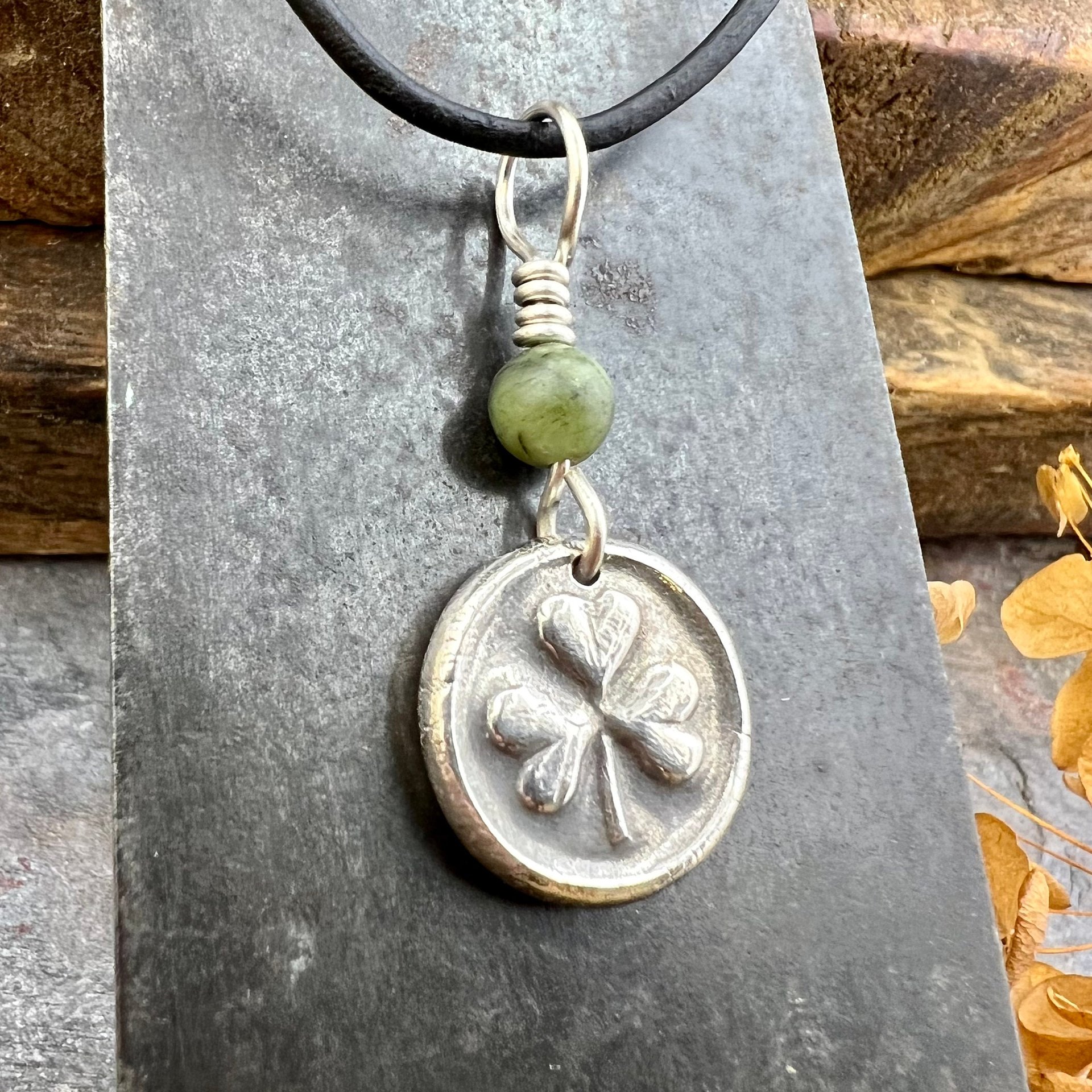 Sterling Silver Shamrock, Clover Charm, Wax Seal Charm, Connemara Marble, Irish Celtic Jewelry, Irish Clover, Trinity, Handmade Jewelry