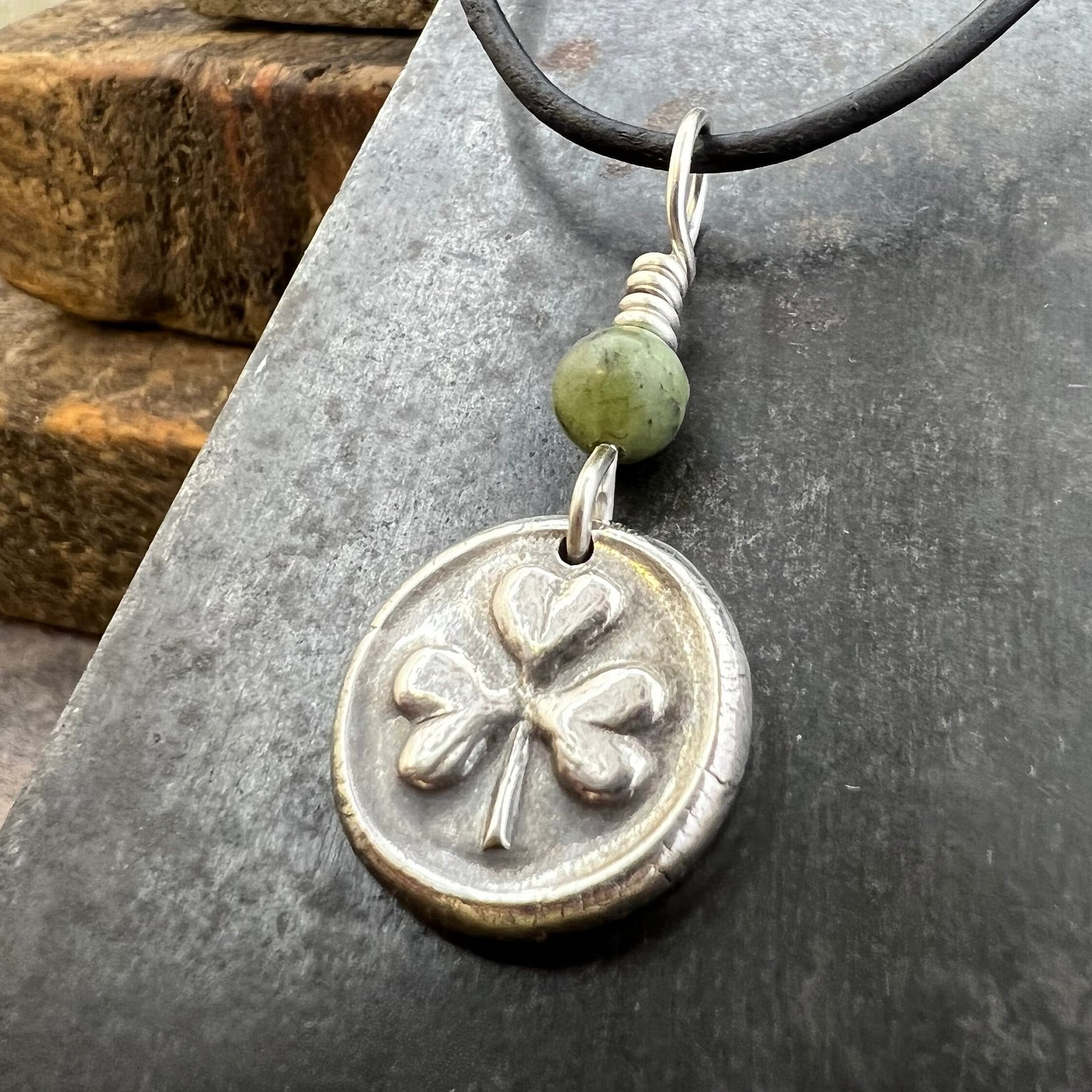 Sterling Silver Shamrock, Clover Charm, Wax Seal Charm, Connemara Marble, Irish Celtic Jewelry, Irish Clover, Trinity, Handmade Jewelry