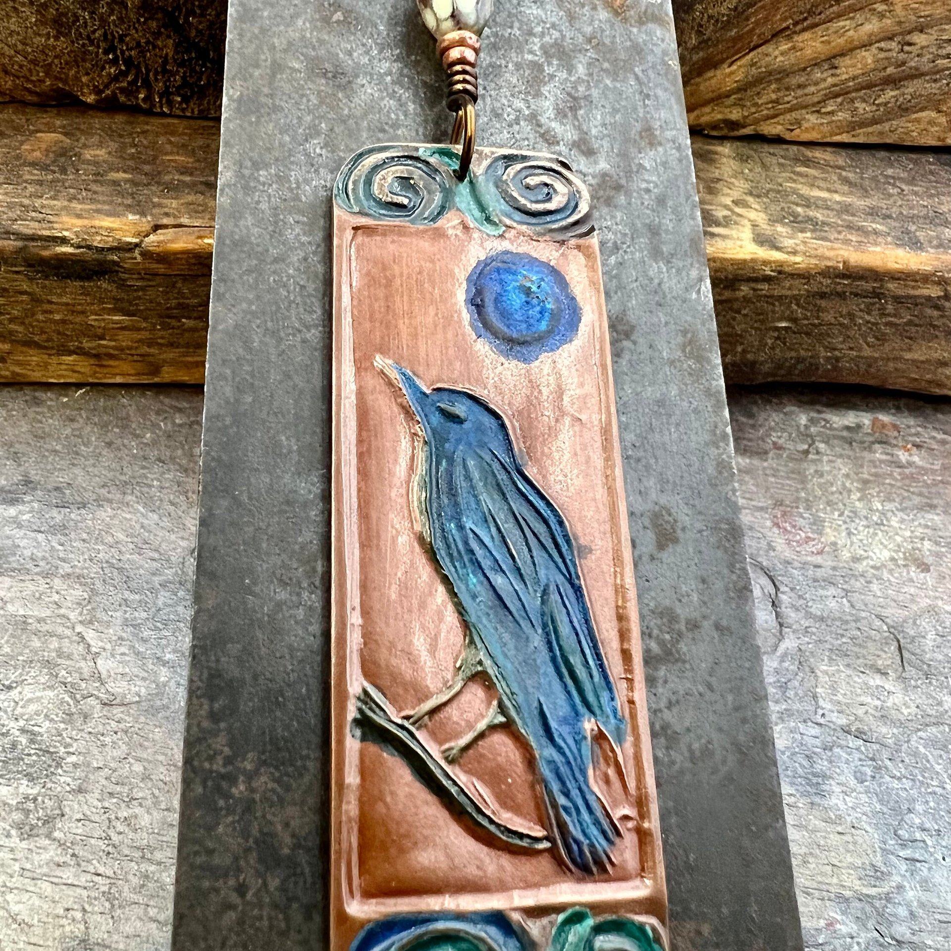 Raven Full Moon, Copper Pendant, Celtic Spirals, Colorful Patina, Czech Glass, Leather & Vegan Cords, Handmade Art Jewelry, Pagan Witch Gift