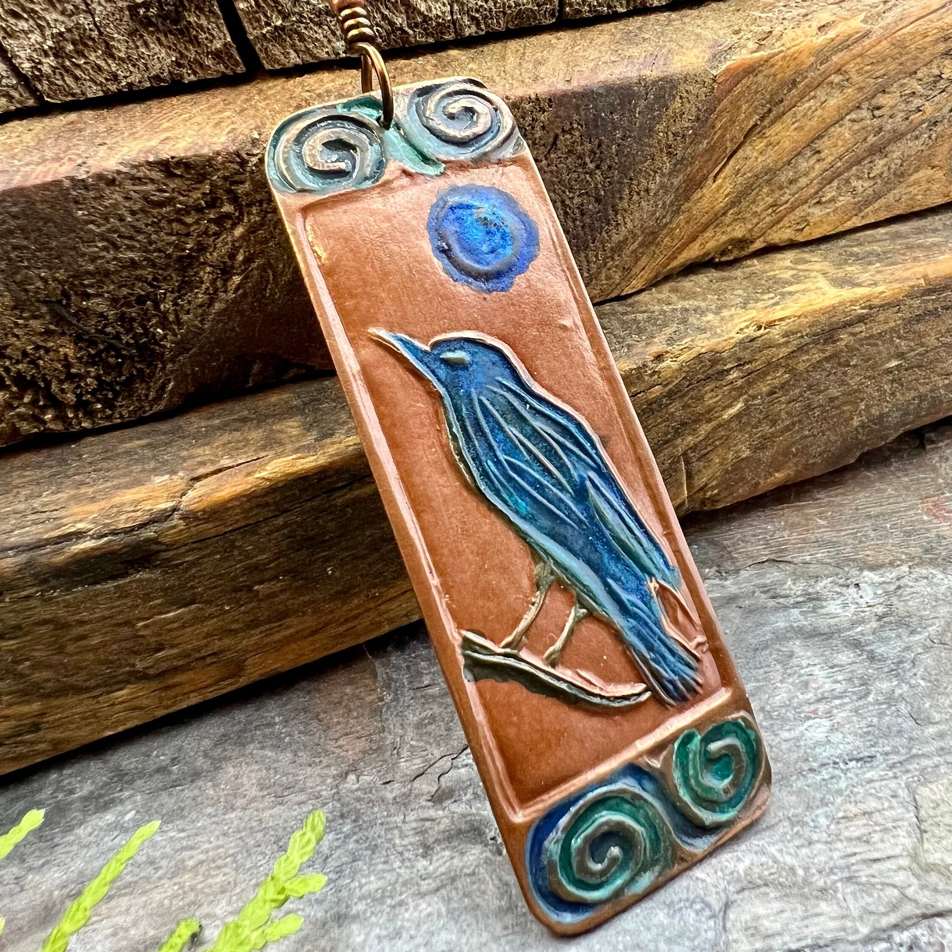 Raven Full Moon, Copper Pendant, Celtic Spirals, Colorful Patina, Czech Glass, Leather & Vegan Cords, Handmade Art Jewelry, Pagan Witch Gift