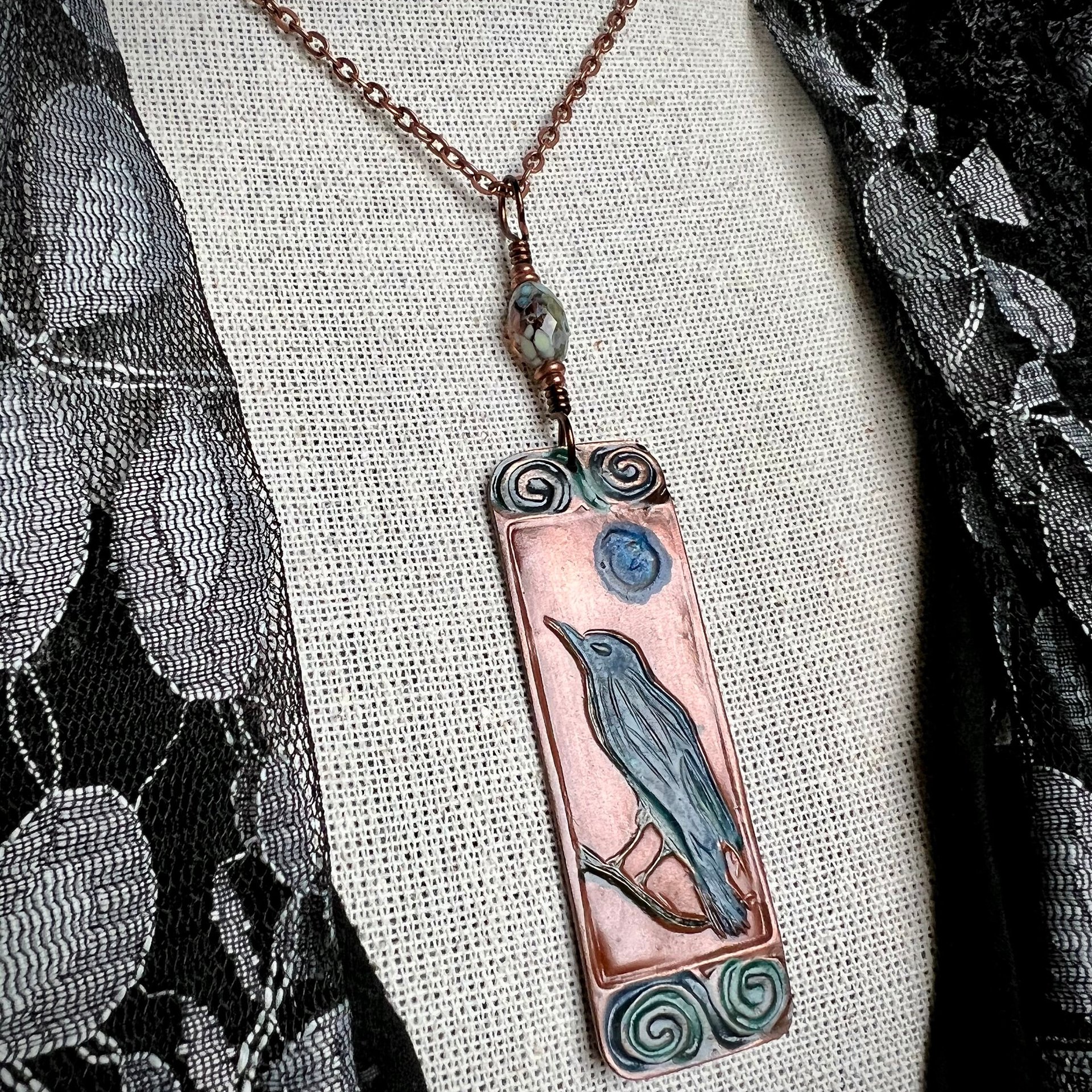 Raven Full Moon, Copper Pendant, Celtic Spirals, Colorful Patina, Czech Glass, Leather & Vegan Cords, Handmade Art Jewelry, Pagan Witch Gift