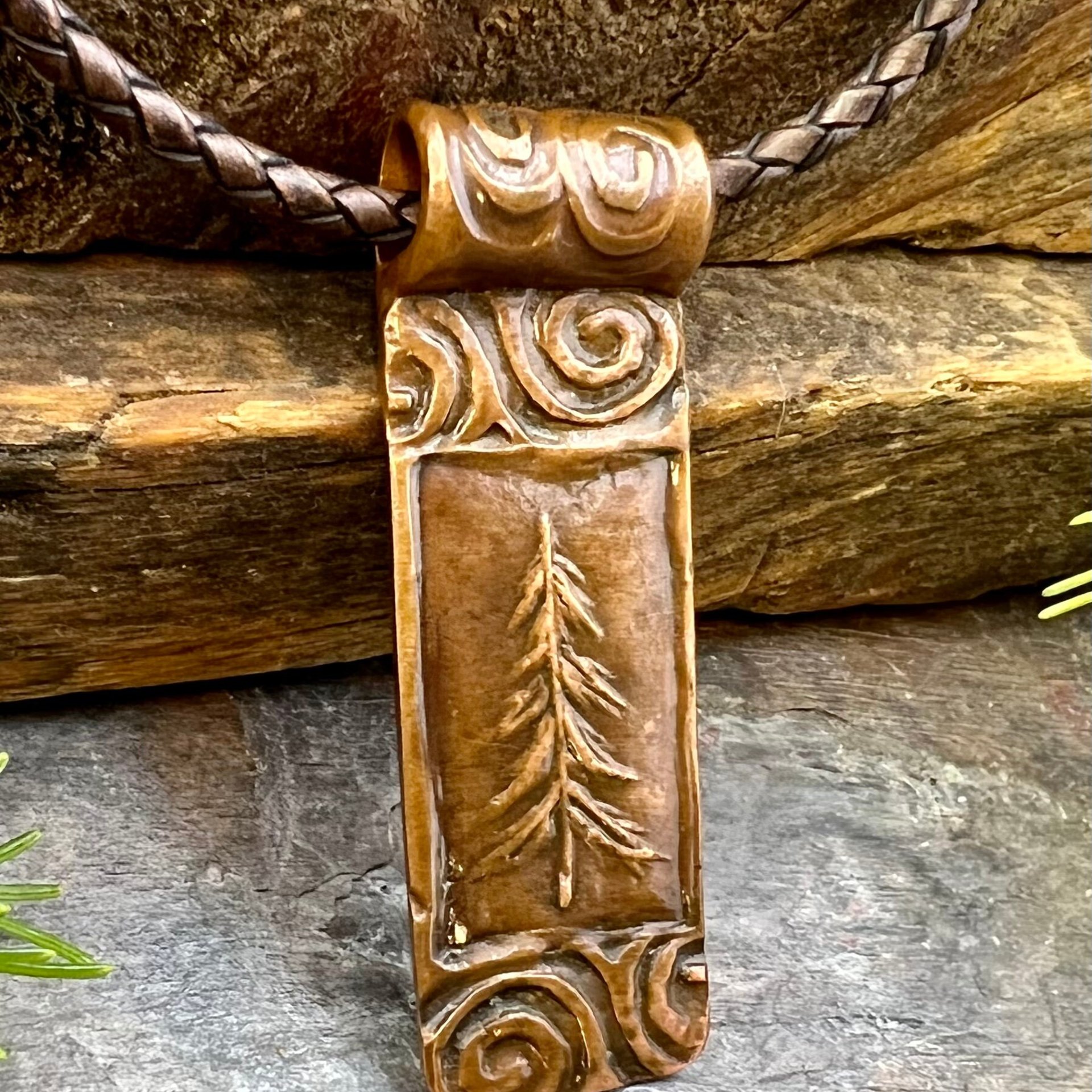 Pine Tree Pendant, Celtic Spirals, Copper Tree Necklace, Evergreen Coniferous Trees, Earthy Rustic Art Jewelry, Hand Carved, Tree of Life