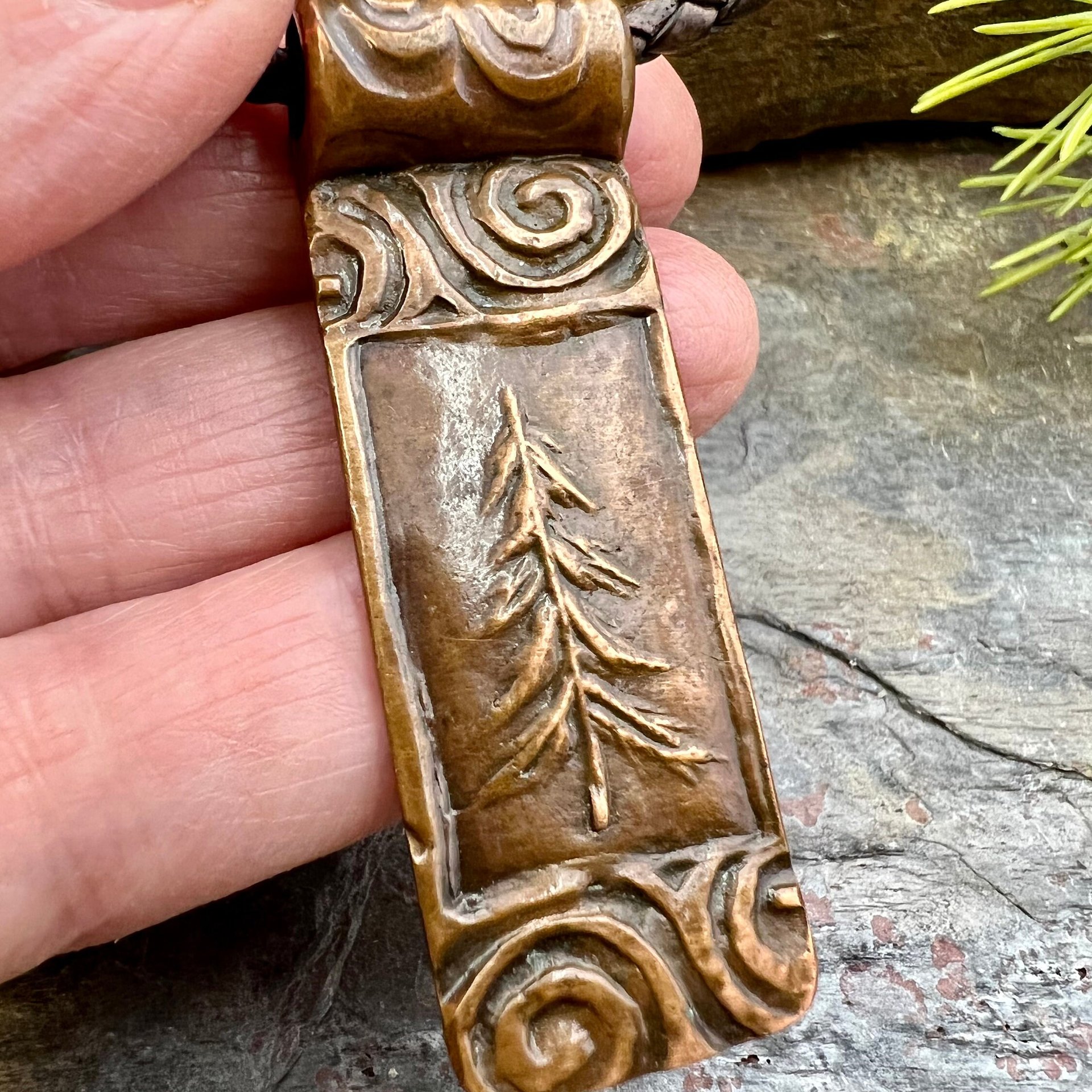 Pine Tree Pendant, Celtic Spirals, Copper Tree Necklace, Evergreen Coniferous Trees, Earthy Rustic Art Jewelry, Hand Carved, Tree of Life