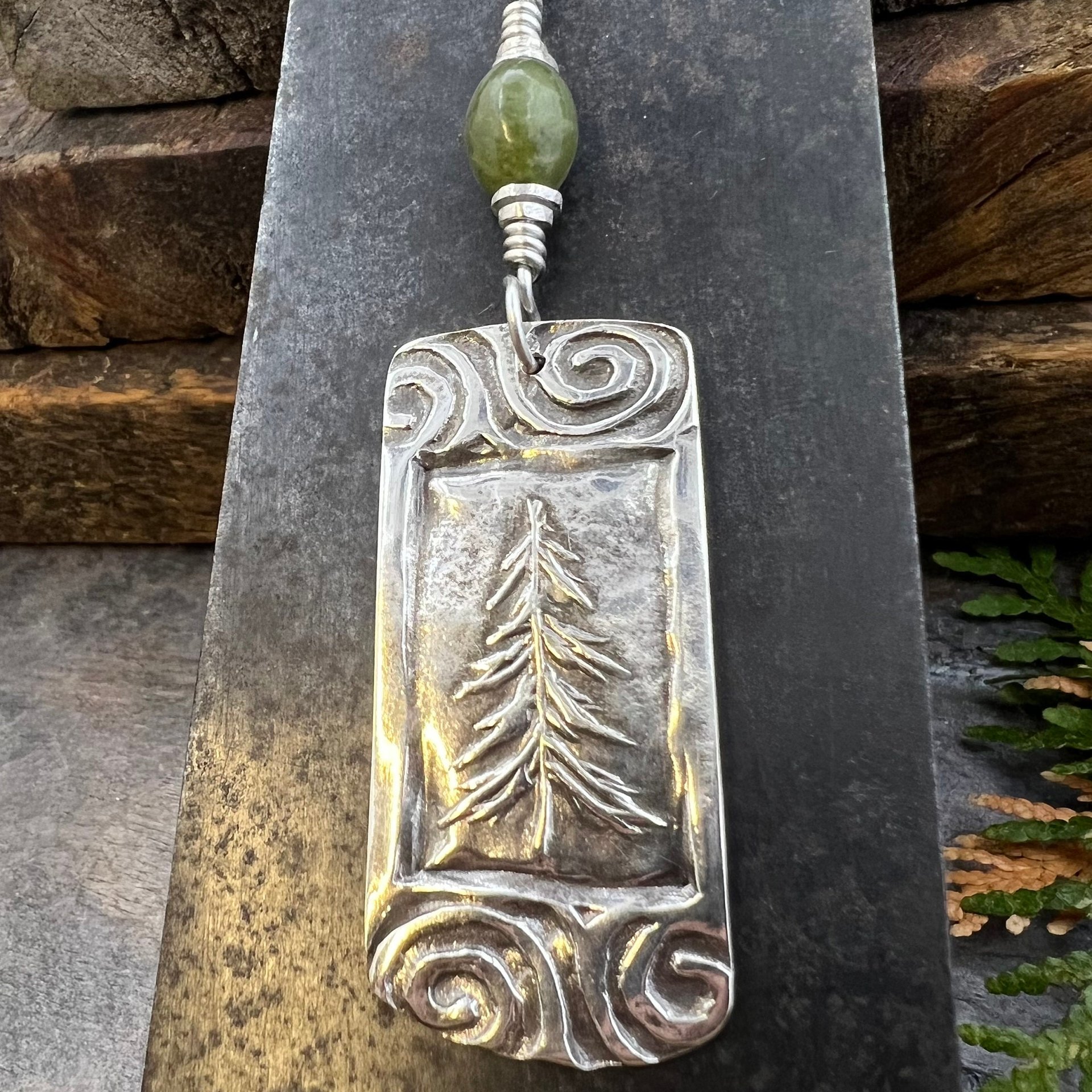 Pine Tree Pendant, Sterling Silver, Connemara Marble, Evergreen Necklace, Pine Cedar Fir, Irish Celtic Spirals, Tree Branches, Handmade Art