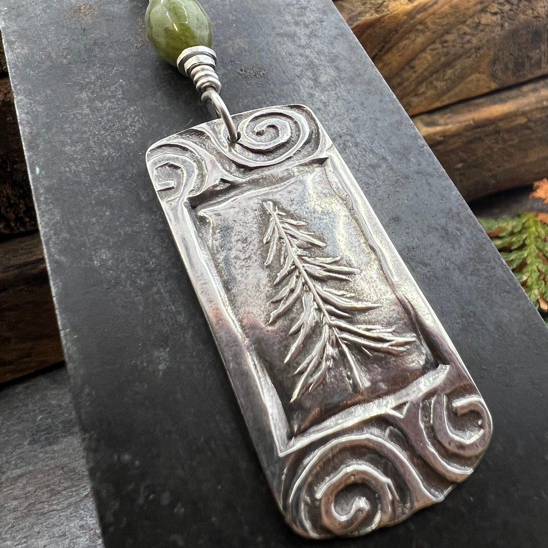 Pine Tree Pendant, Sterling Silver, Connemara Marble, Evergreen Necklace, Pine Cedar Fir, Irish Celtic Spirals, Tree Branches, Handmade Art