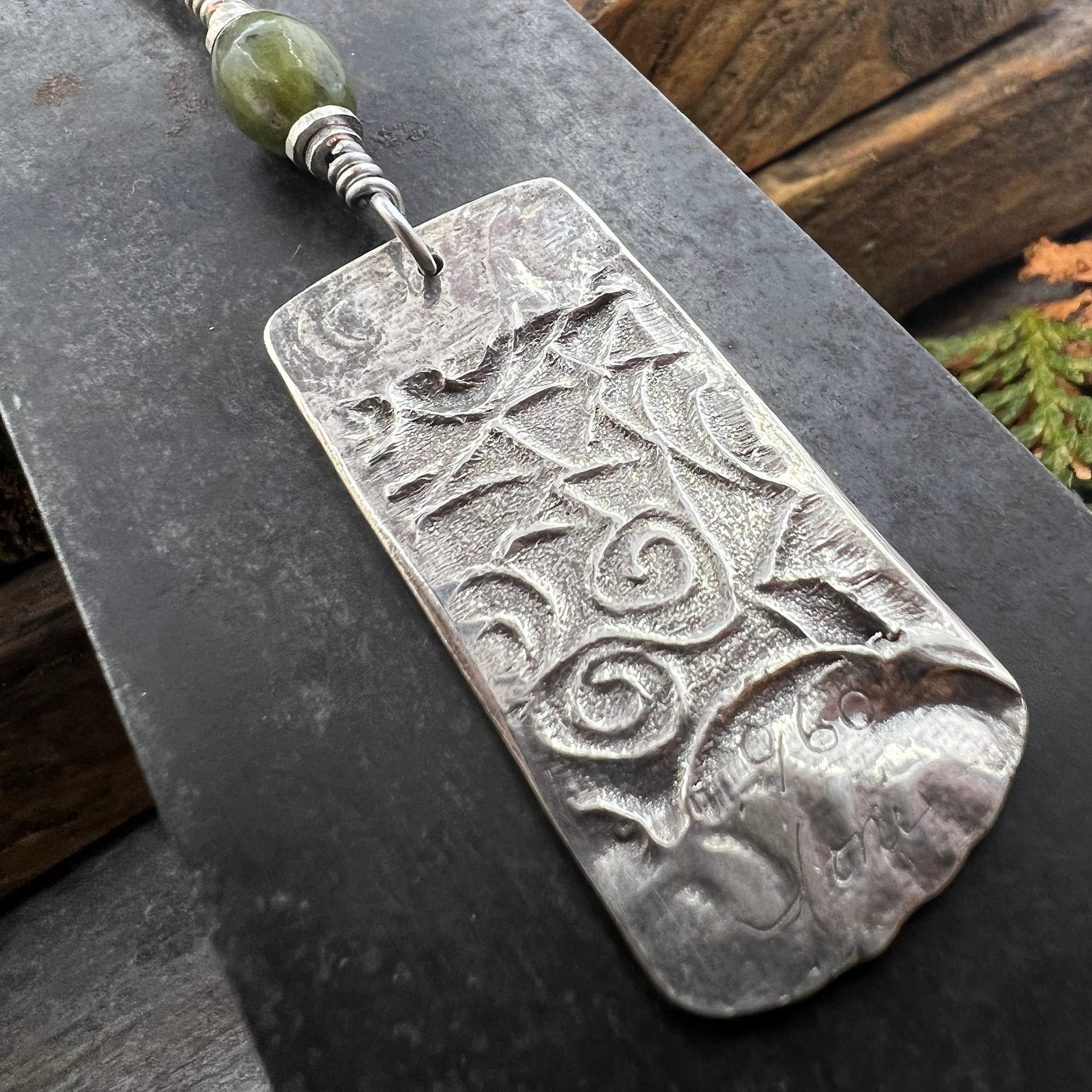 Pine Tree Pendant, Sterling Silver, Connemara Marble, Evergreen Necklace, Pine Cedar Fir, Irish Celtic Spirals, Tree Branches, Handmade Art