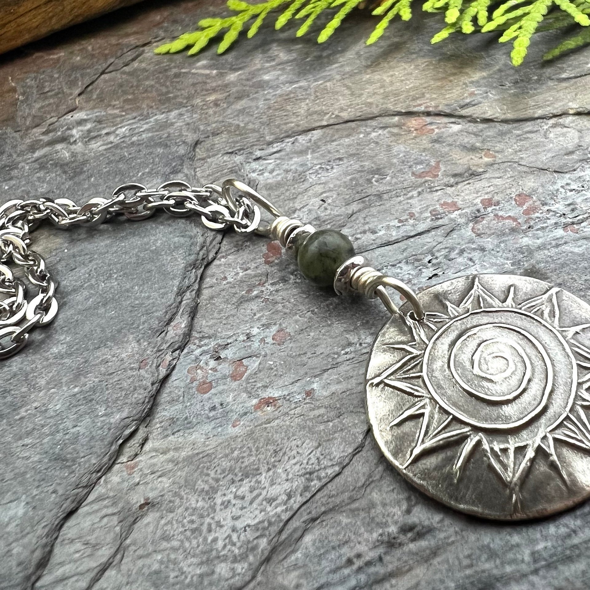 Celtic Sun Spiral, Sterling Silver Charm, Connemara Marble, Irish Celtic Jewelry, Domed Sun Necklace, Leather & Vegan Cords, Handmade Art