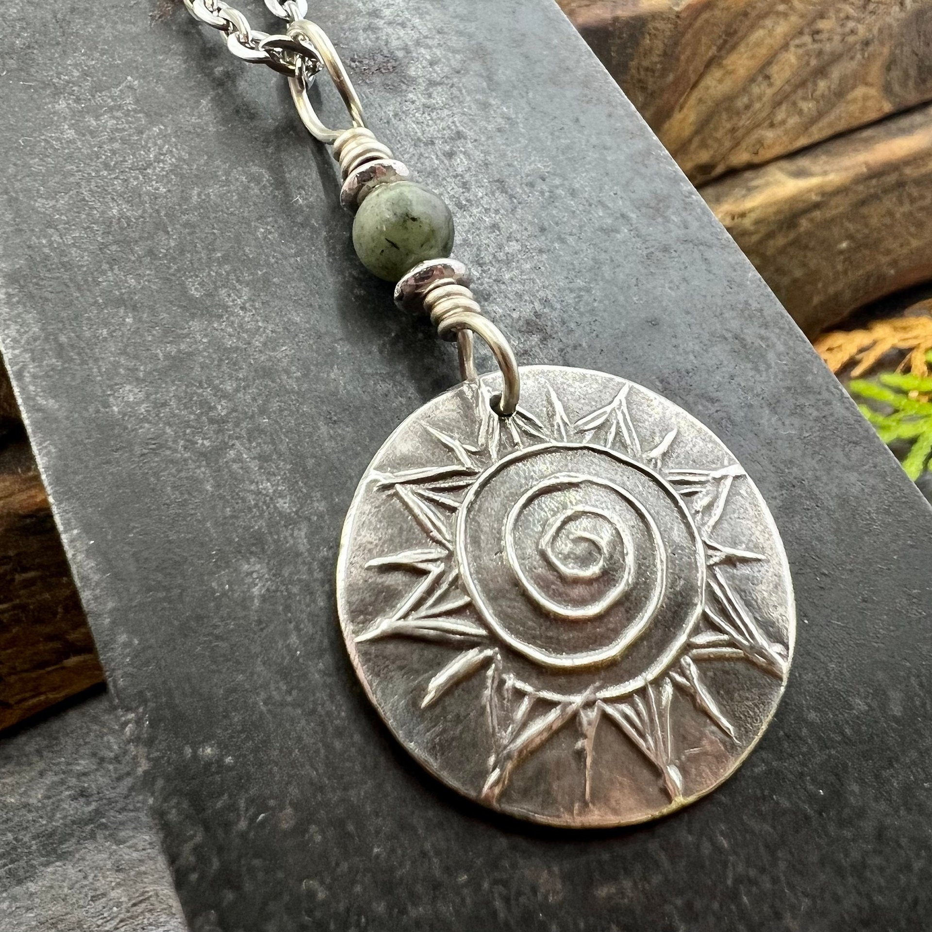 Celtic Sun Spiral, Sterling Silver Charm, Connemara Marble, Irish Celtic Jewelry, Domed Sun Necklace, Leather & Vegan Cords, Handmade Art
