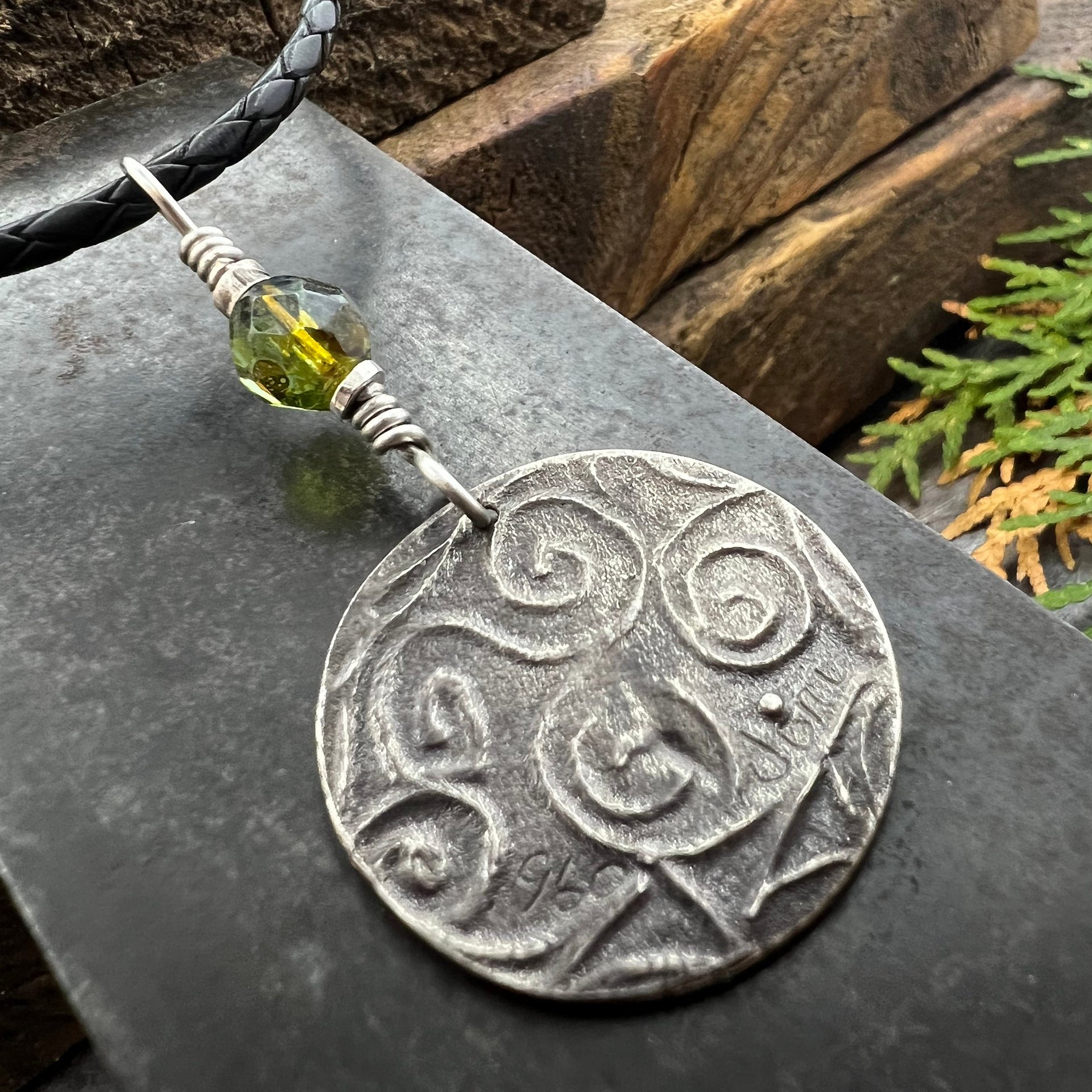 Celtic Tree of Life Pendant, Sterling Silver, Green Czech Glass, Sacred Celtic Tree, Irish Celtic Spirals, Druid Dryad, Crann Bethadh, Witch
