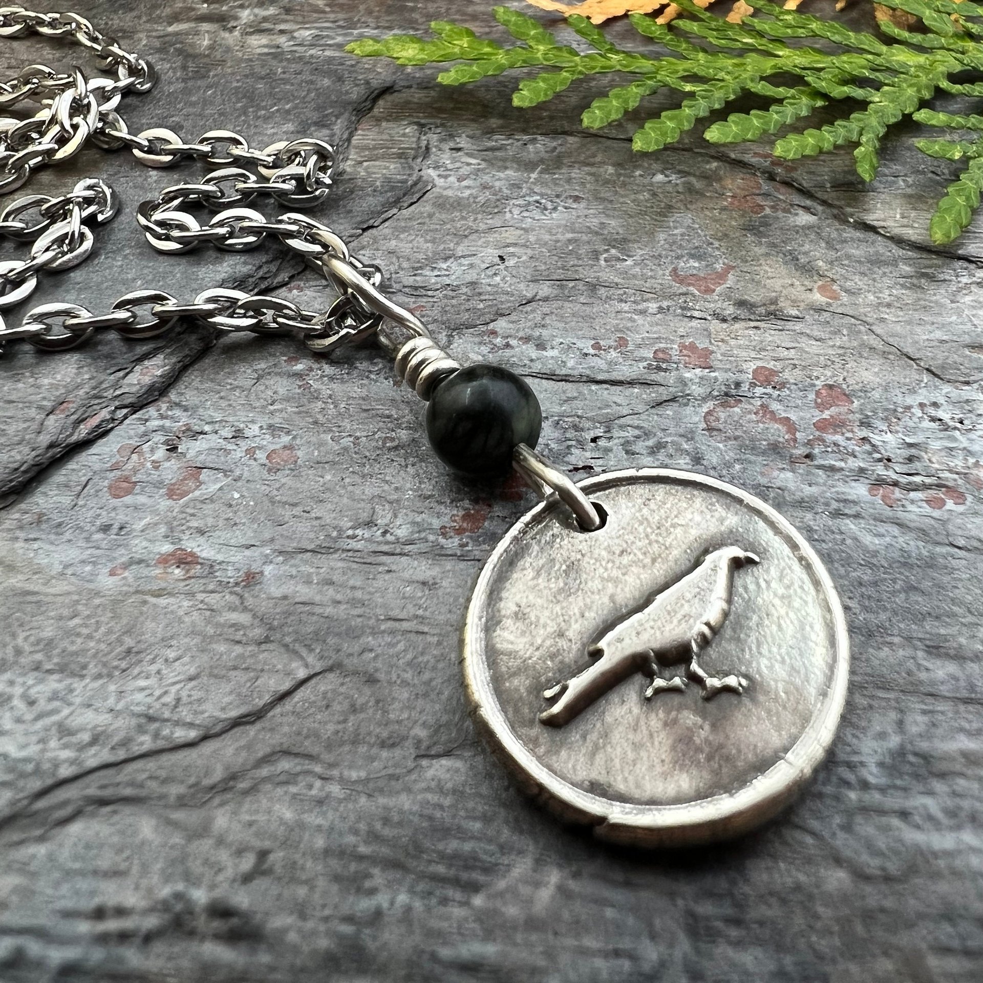 Raven Charm, Sterling Silver, Kilkenny Black Marble, Irish Celtic Jewelry, Wax Seal Charm, Leather & Vegan Cords, Stainless Chains, Handmade