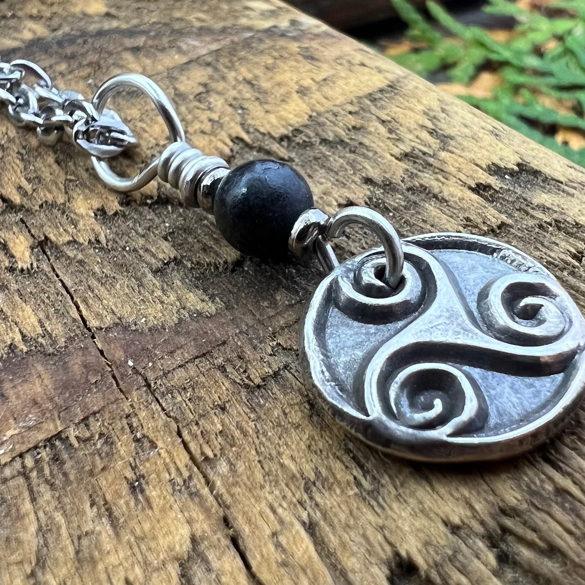 Triskele, Sterling Silver, Wax Seal Charm, Kilkenny Black Marble, Irish Celtic Jewelry, Pagan Art, Leather & Vegan Cords, Stainless Chains
