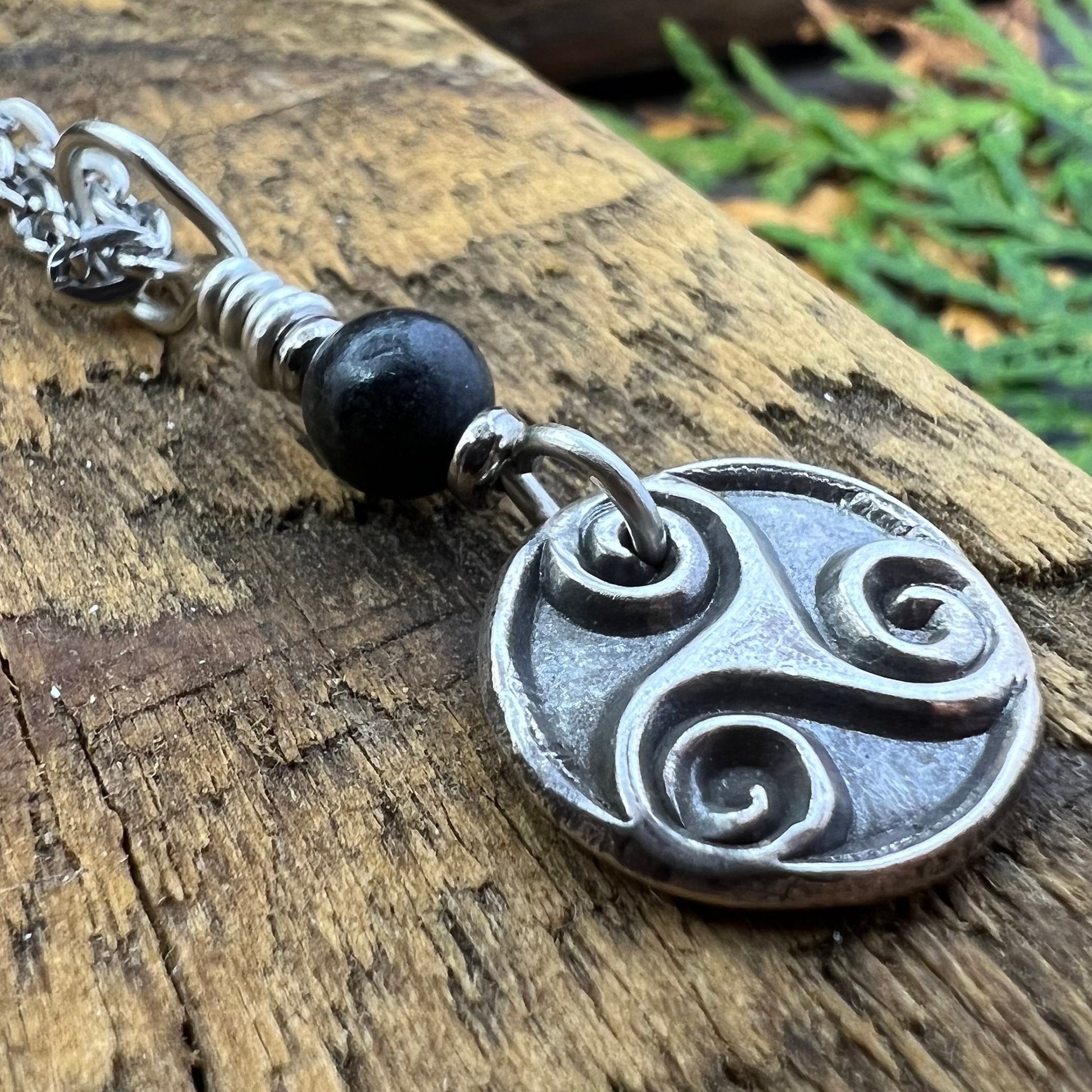 Triskele, Sterling Silver, Wax Seal Charm, Kilkenny Black Marble, Irish Celtic Jewelry, Pagan Art, Leather & Vegan Cords, Stainless Chains