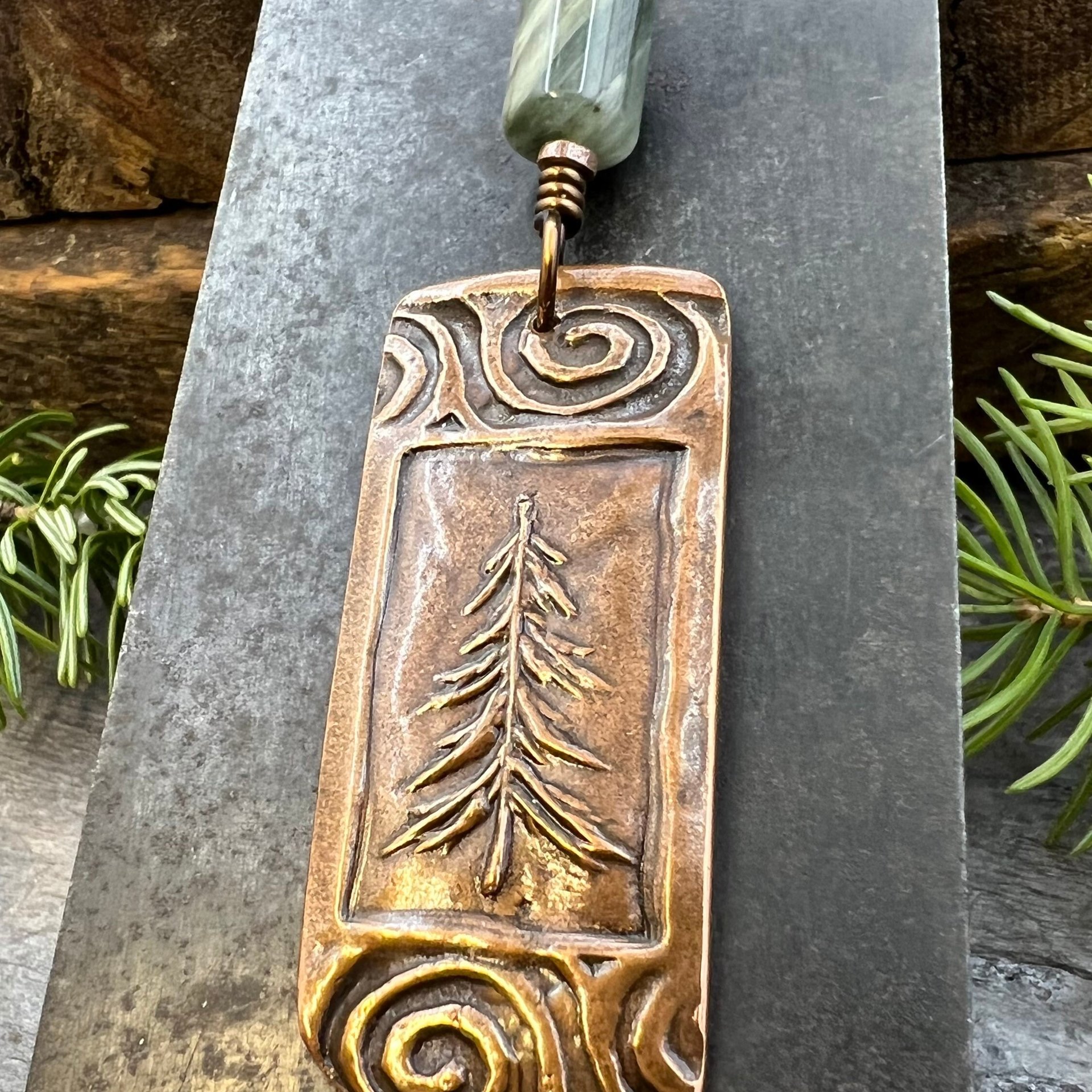Pine Tree, Copper Pendant, Celtic Spirals, Connemara Marble, Evergreen Trees, Earthy Rustic Art Jewelry, Hand Carved, Tree of Life, Pagan
