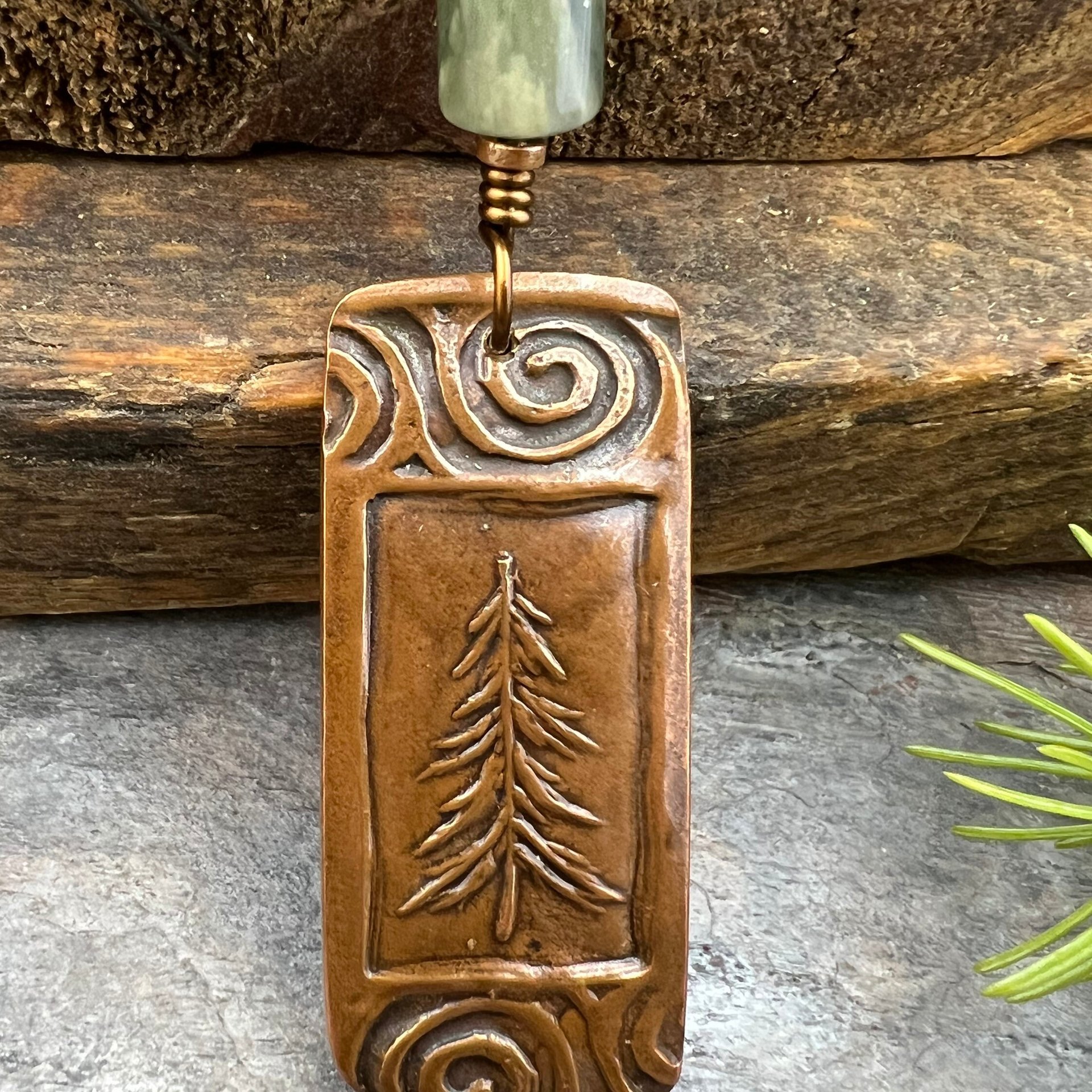 Pine Tree, Copper Pendant, Celtic Spirals, Connemara Marble, Evergreen Trees, Earthy Rustic Art Jewelry, Hand Carved, Tree of Life, Pagan