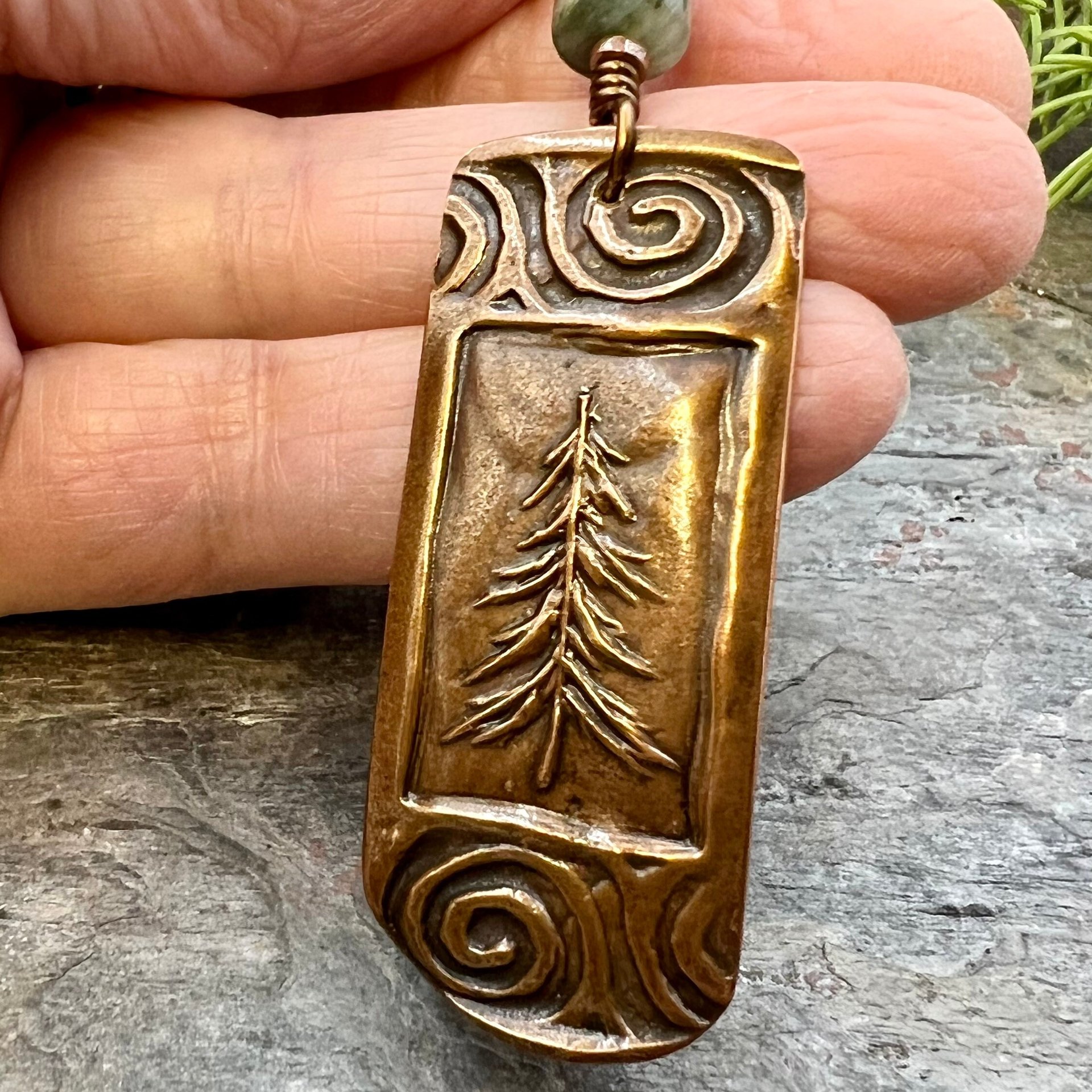 Pine Tree, Copper Pendant, Celtic Spirals, Connemara Marble, Evergreen Trees, Earthy Rustic Art Jewelry, Hand Carved, Tree of Life, Pagan