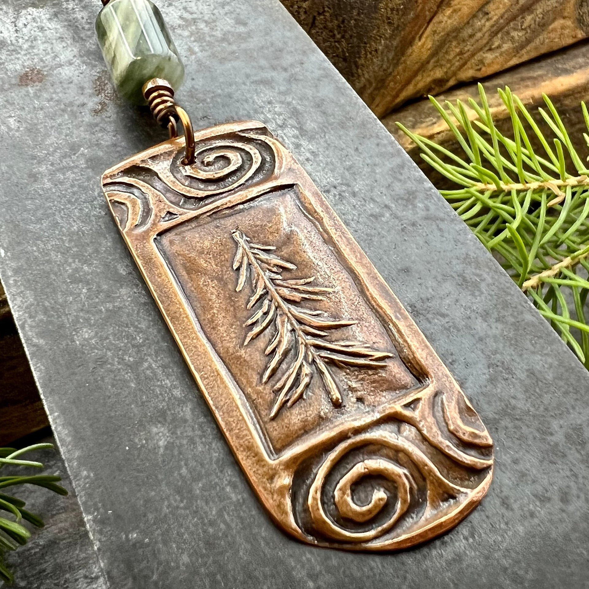 Pine Tree, Copper Pendant, Celtic Spirals, Connemara Marble, Evergreen Trees, Earthy Rustic Art Jewelry, Hand Carved, Tree of Life, Pagan
