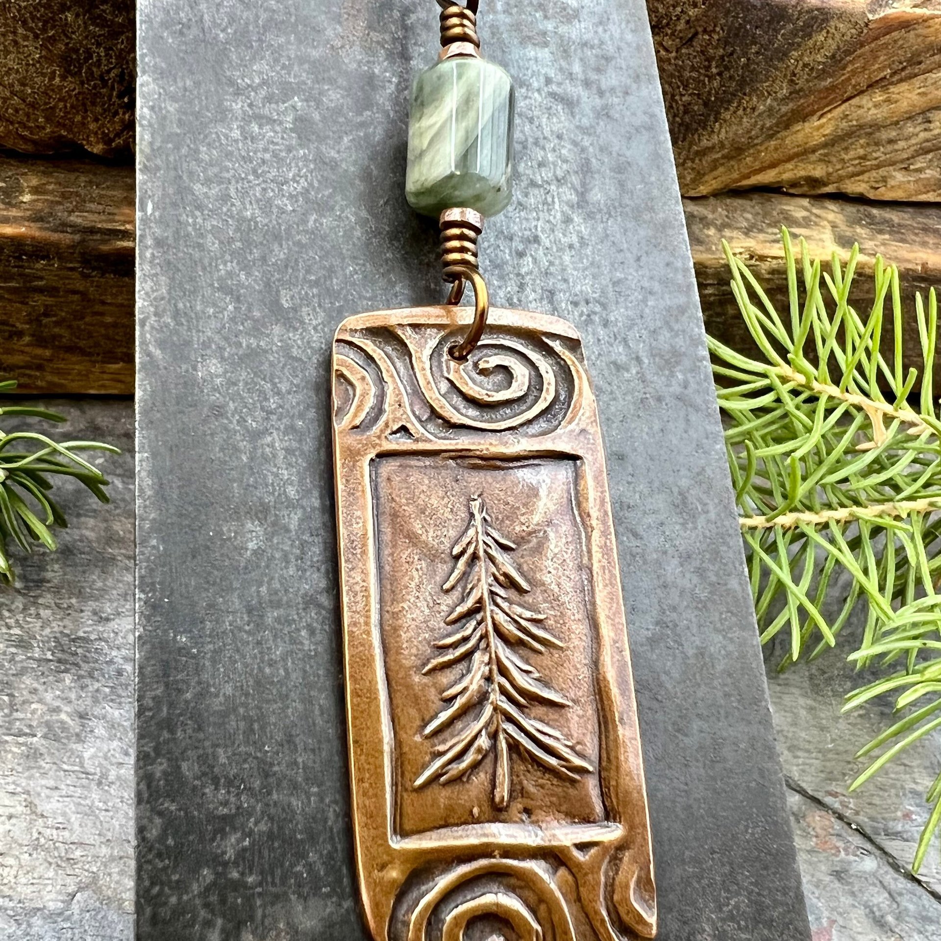 Pine Tree, Copper Pendant, Celtic Spirals, Connemara Marble, Evergreen Trees, Earthy Rustic Art Jewelry, Hand Carved, Tree of Life, Pagan