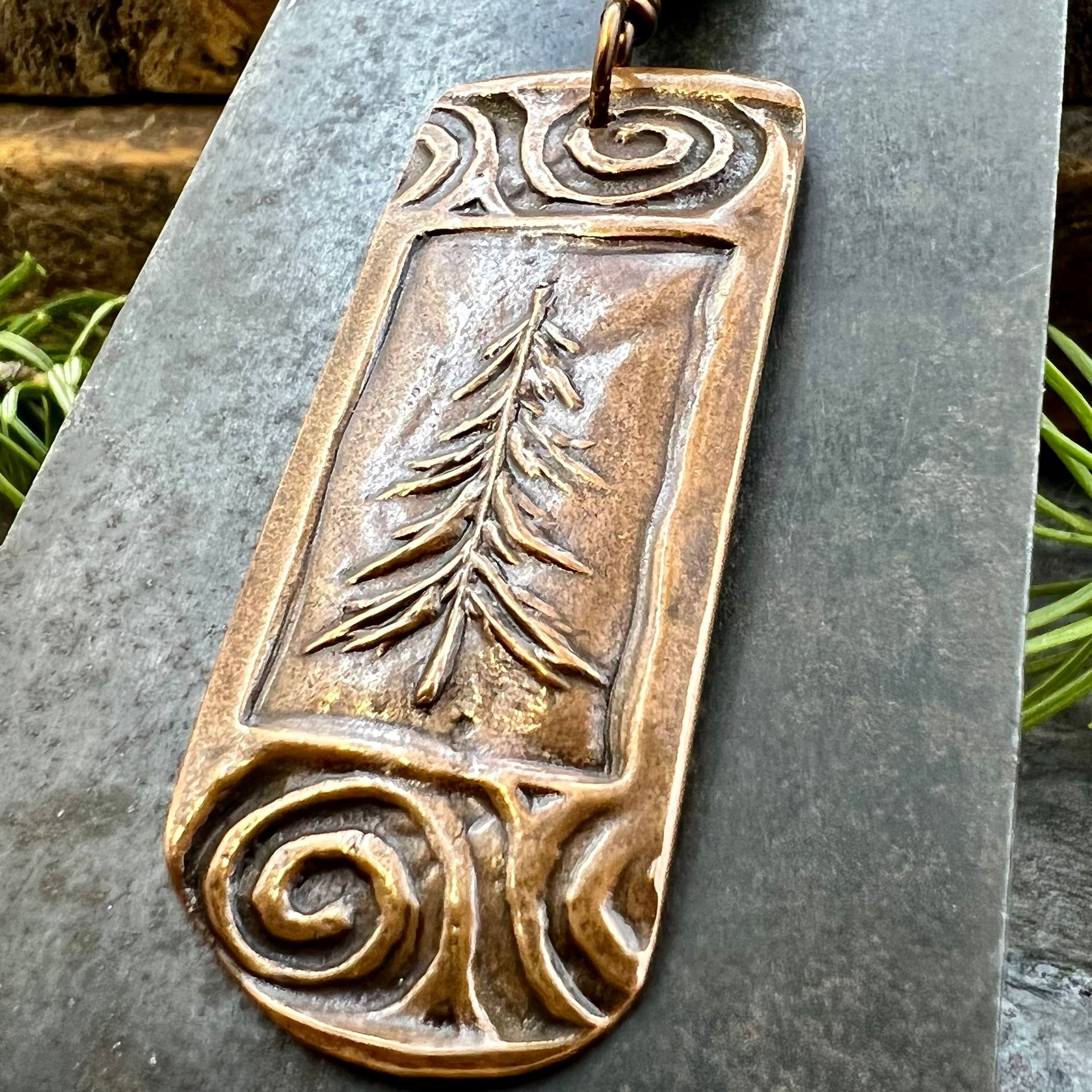 Pine Tree, Copper Pendant, Celtic Spirals, Connemara Marble, Evergreen Trees, Earthy Rustic Art Jewelry, Hand Carved, Tree of Life, Pagan