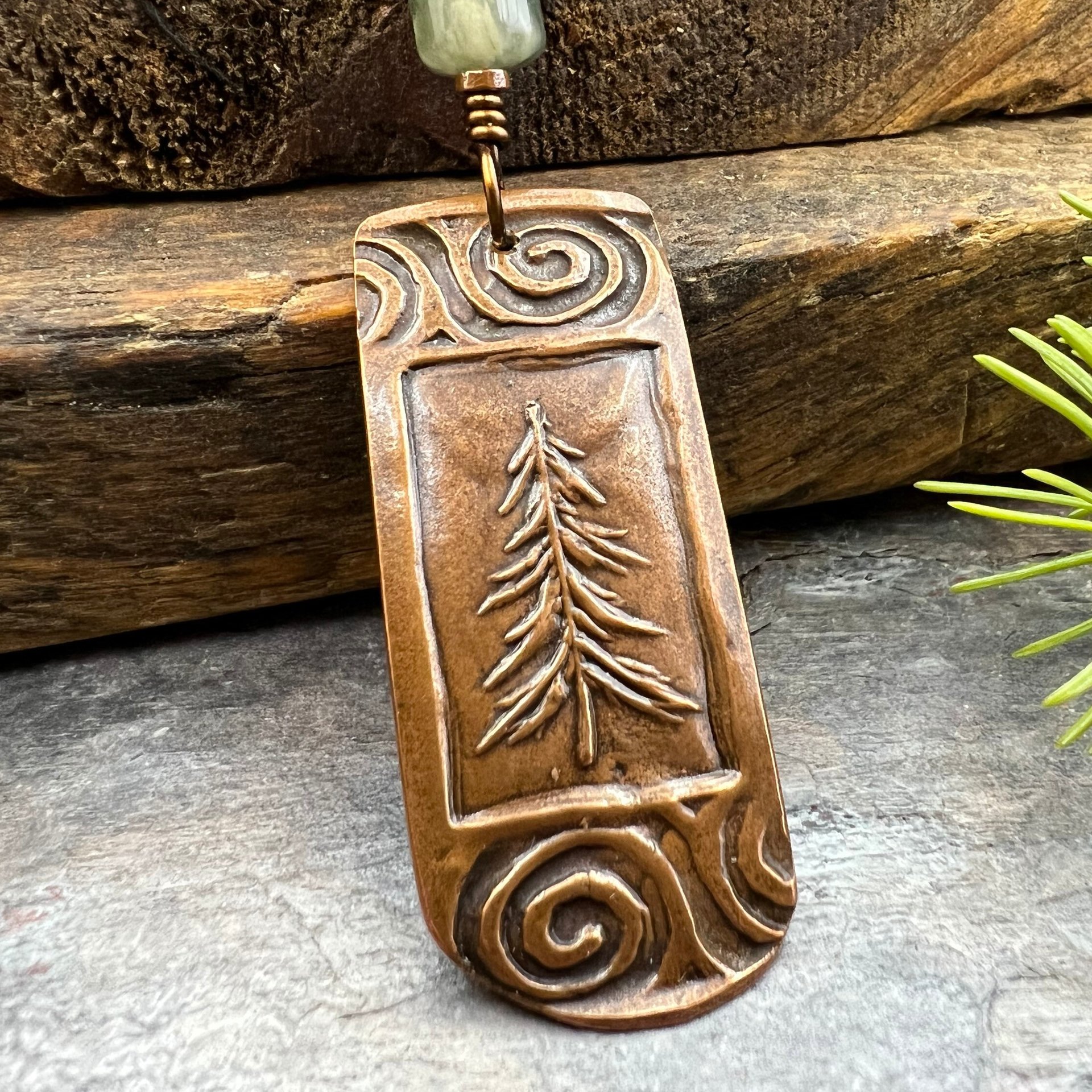 Pine Tree, Copper Pendant, Celtic Spirals, Connemara Marble, Evergreen Trees, Earthy Rustic Art Jewelry, Hand Carved, Tree of Life, Pagan