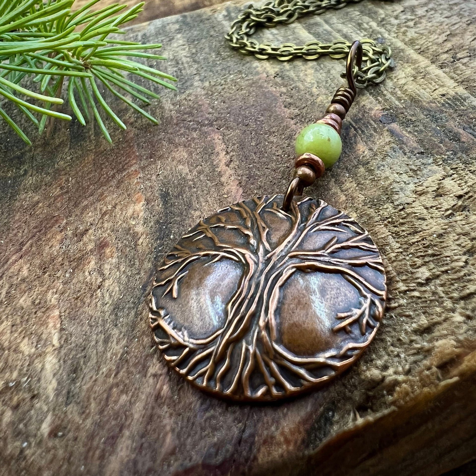 Celtic Tree of Life, Copper Pendant, Connemara Marble, Irish Celtic Spirals, Round Tree of Life, Crann Bethadh, Soul Harbor Jewelry, Artwork