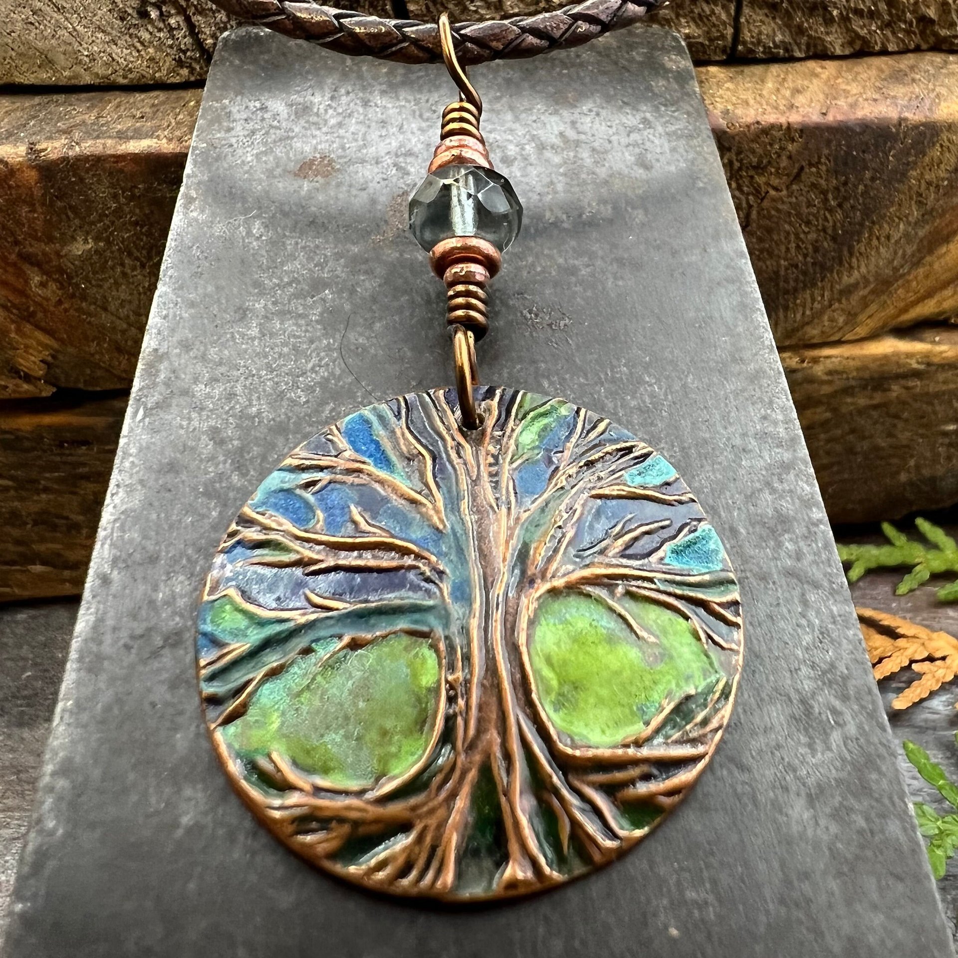 Tree of Life Pendant, Colorful Patina, Czech Glass Bead, Hand Carved, Irish Celtic Spirals, Celtic Witch Goddess, Ancient Earthy Jewelry