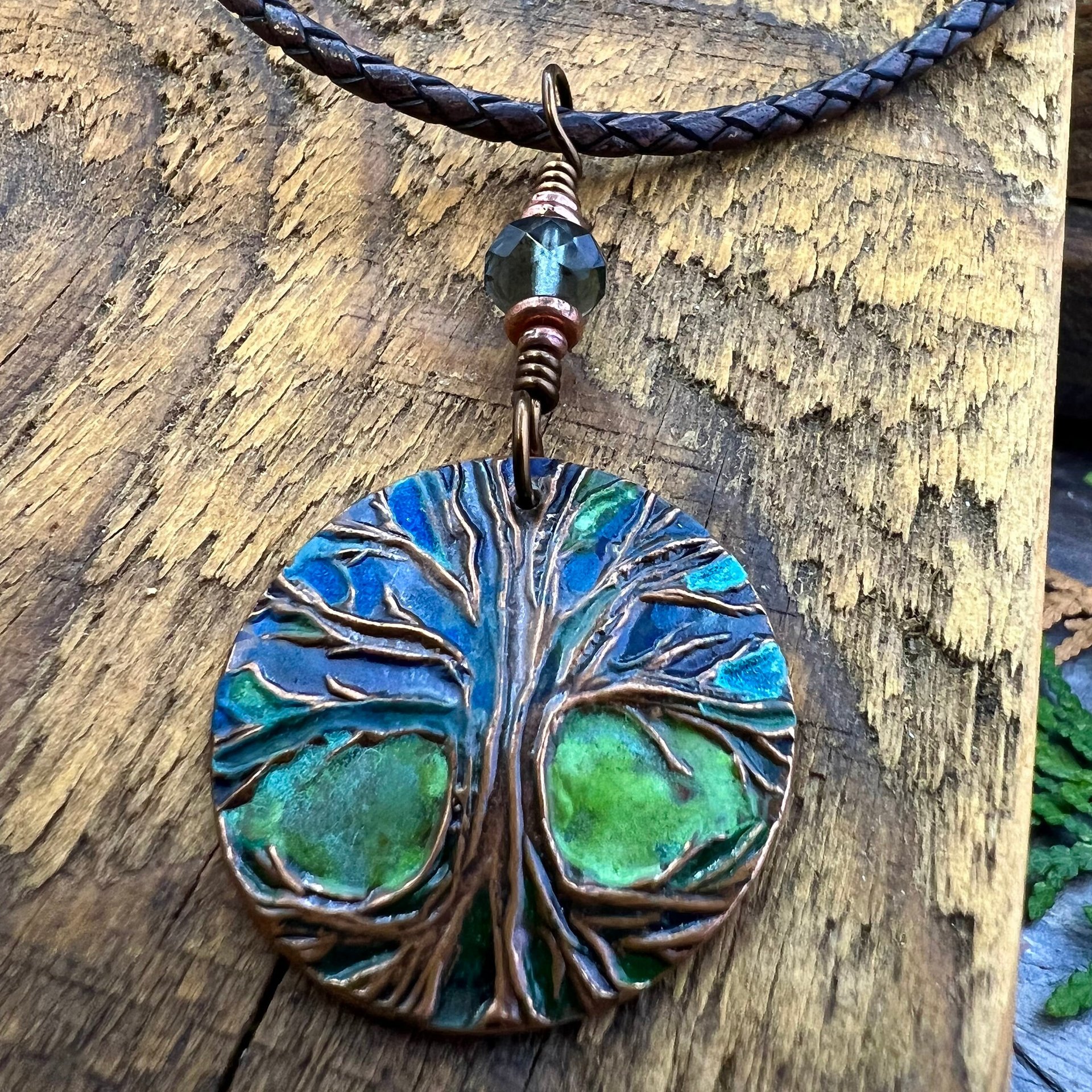 Tree of Life Pendant, Colorful Patina, Czech Glass Bead, Hand Carved, Irish Celtic Spirals, Celtic Witch Goddess, Ancient Earthy Jewelry