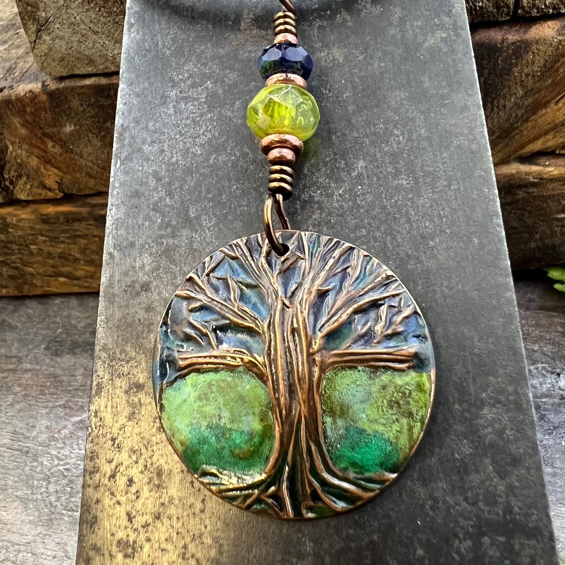 Tree of Life Pendant, Colorful Patina, Czech Glass Bead, Hand Carved, Irish Celtic Spirals, Celtic Witch Goddess, Ancient Earthy Jewelry