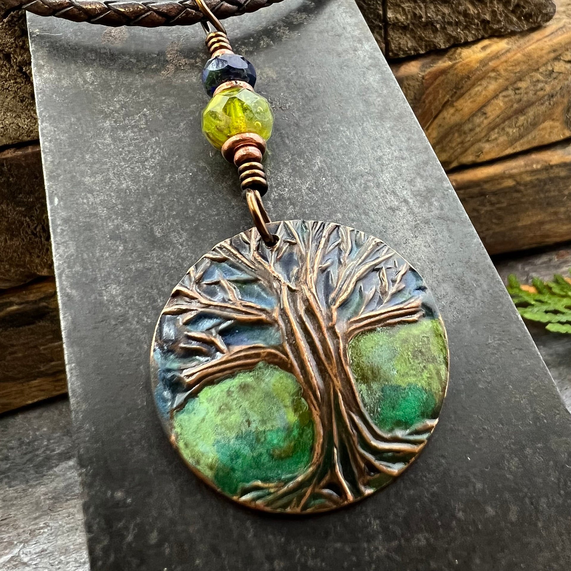 Tree of Life Pendant, Colorful Patina, Czech Glass Bead, Hand Carved, Irish Celtic Spirals, Celtic Witch Goddess, Ancient Earthy Jewelry