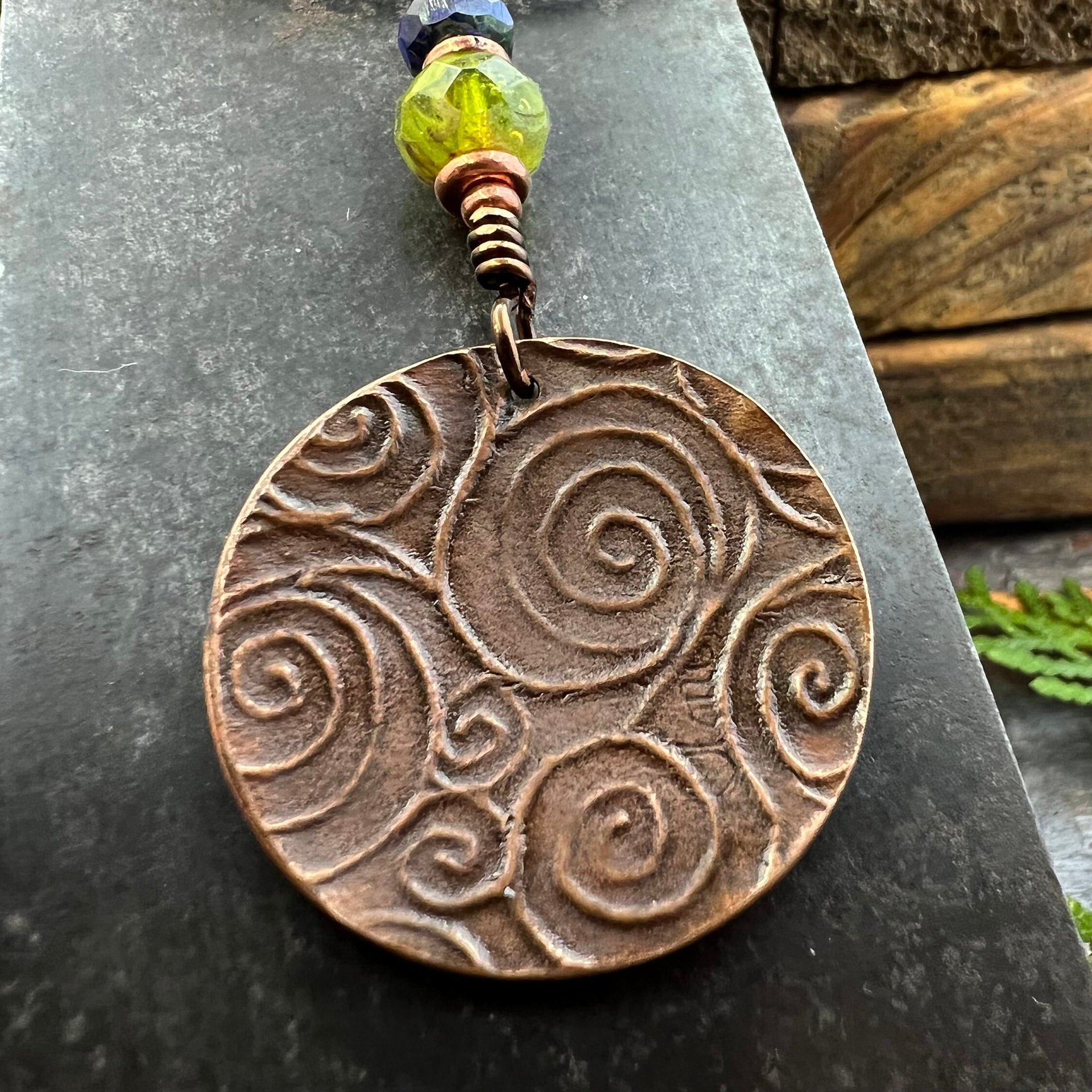 Tree of Life Pendant, Colorful Patina, Czech Glass Bead, Hand Carved, Irish Celtic Spirals, Celtic Witch Goddess, Ancient Earthy Jewelry