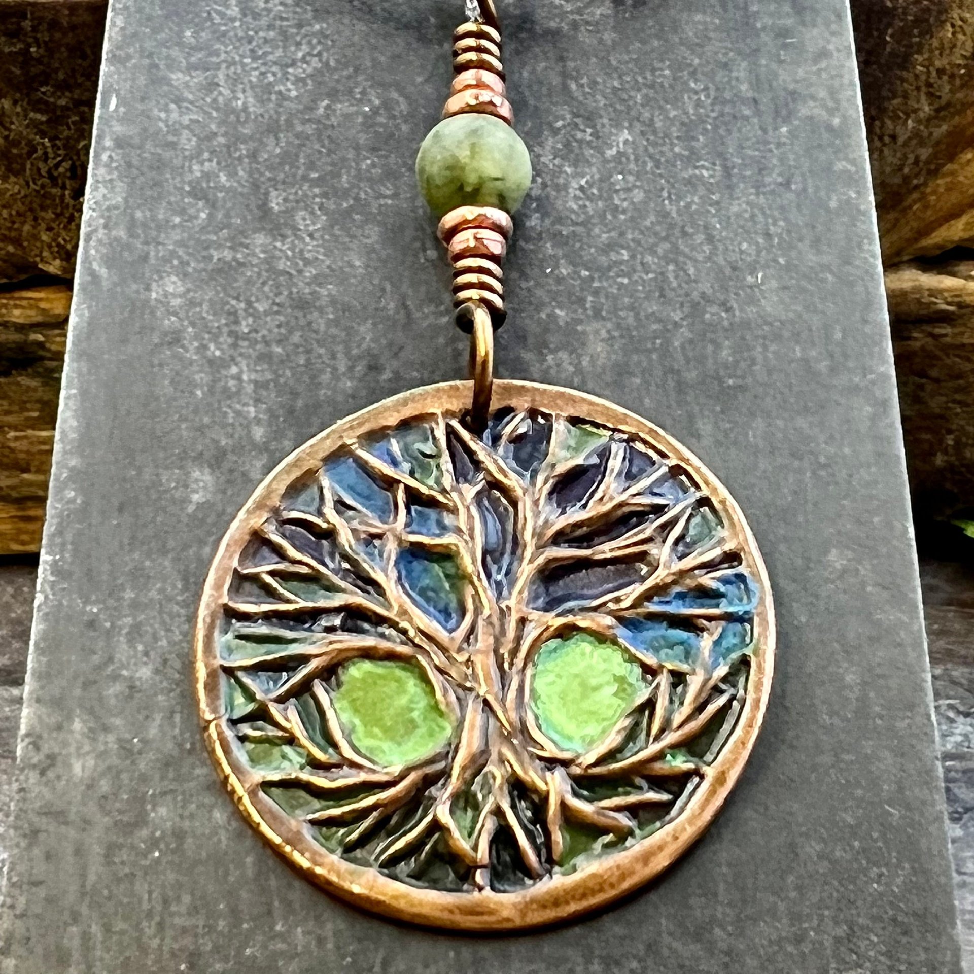 Celtic Tree of Life, Copper Pendant, Colorful Patina, Connemara Marble, Irish Celtic Spirals, Celtic Witch Goddess, Boho, Earthy Art Jewelry