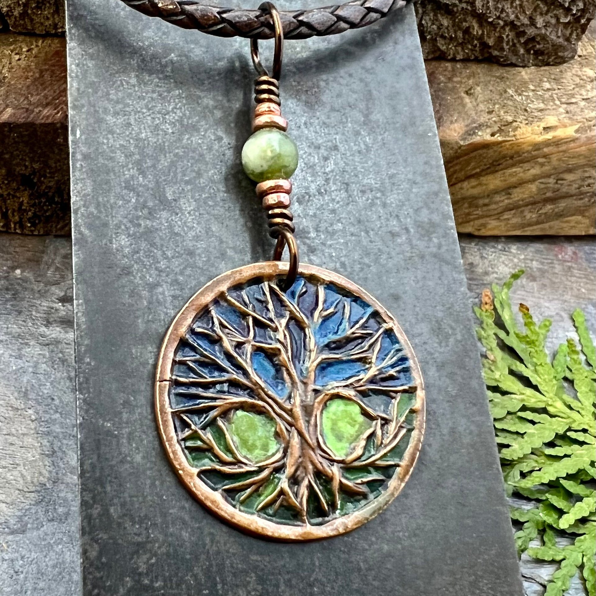 Celtic Tree of Life, Round Copper Pendant, Colorful Patina, Connemara Marble, Irish Celtic Spirals, Celtic Witch Goddess, Earthy Art Jewelry