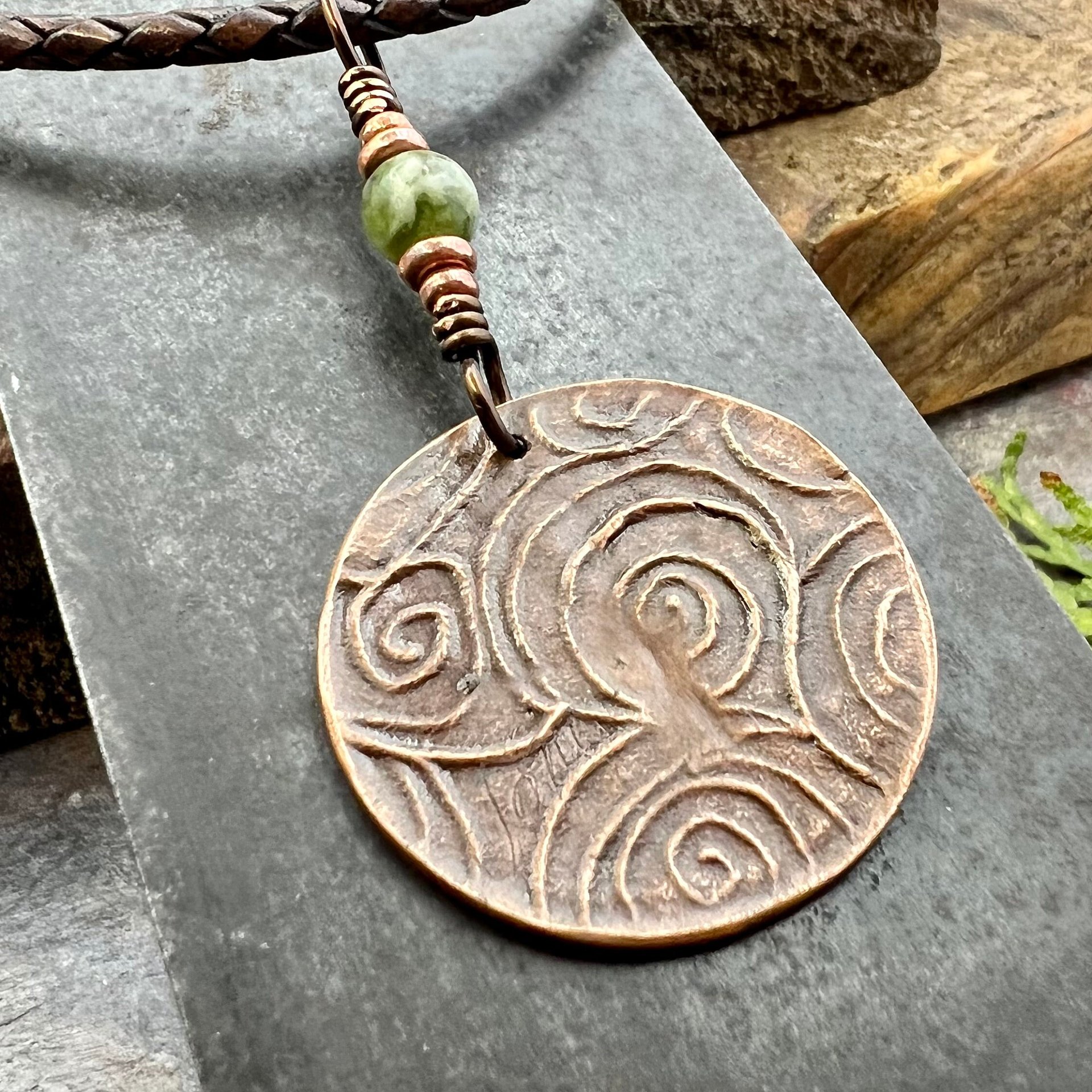 Celtic Tree of Life, Round Copper Pendant, Colorful Patina, Connemara Marble, Irish Celtic Spirals, Celtic Witch Goddess, Earthy Art Jewelry