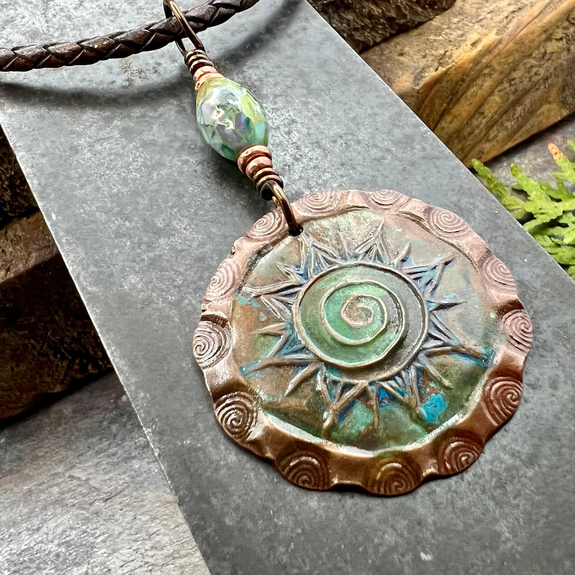 Celtic Sun Spiral Necklace, Copper Charm, Irish Celtic Spirals, Patina Colors, Czech Glass, Leather & Vegan Cords, Earthy Rustic Art Jewelry