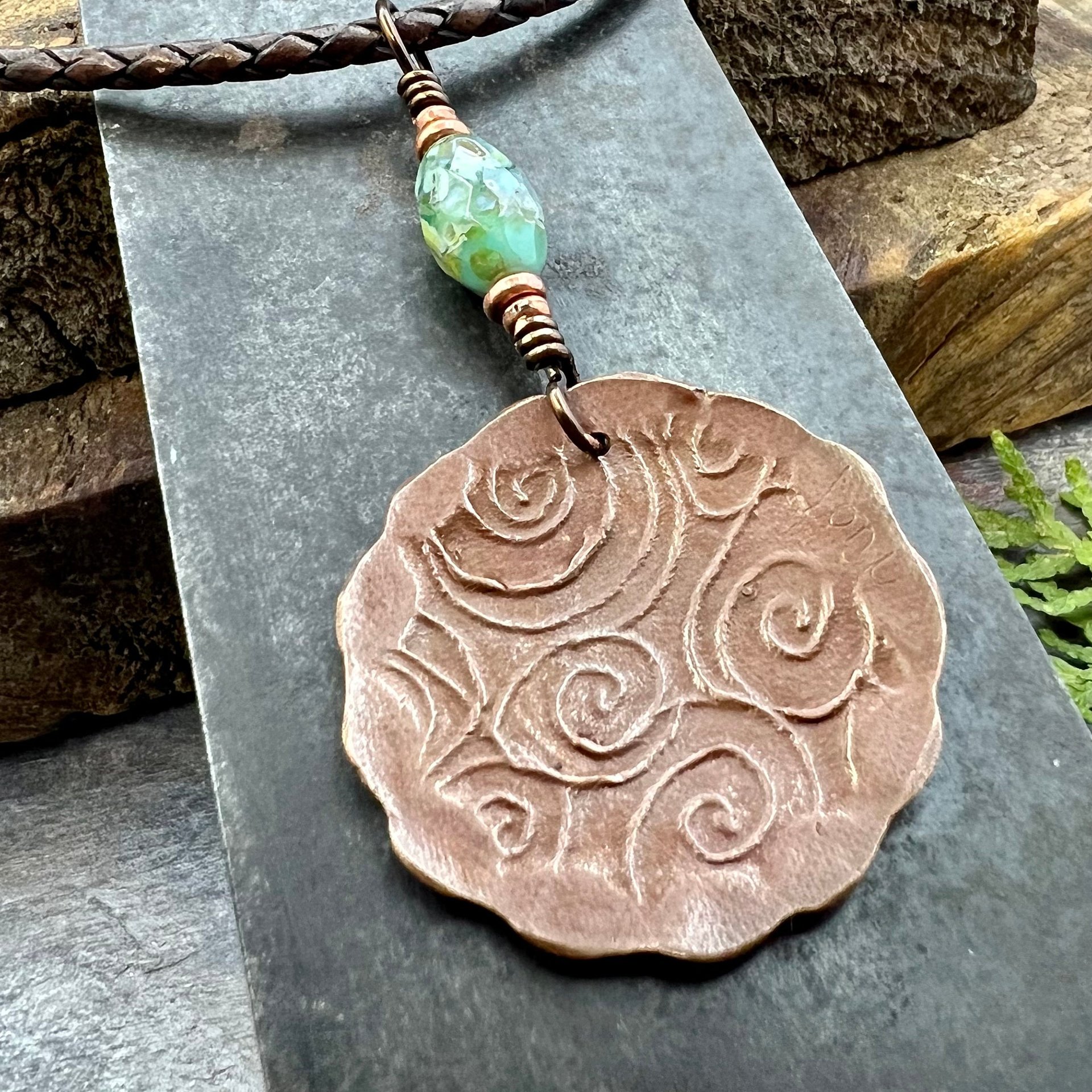 Celtic Sun Spiral Necklace, Copper Charm, Irish Celtic Spirals, Patina Colors, Czech Glass, Leather & Vegan Cords, Earthy Rustic Art Jewelry
