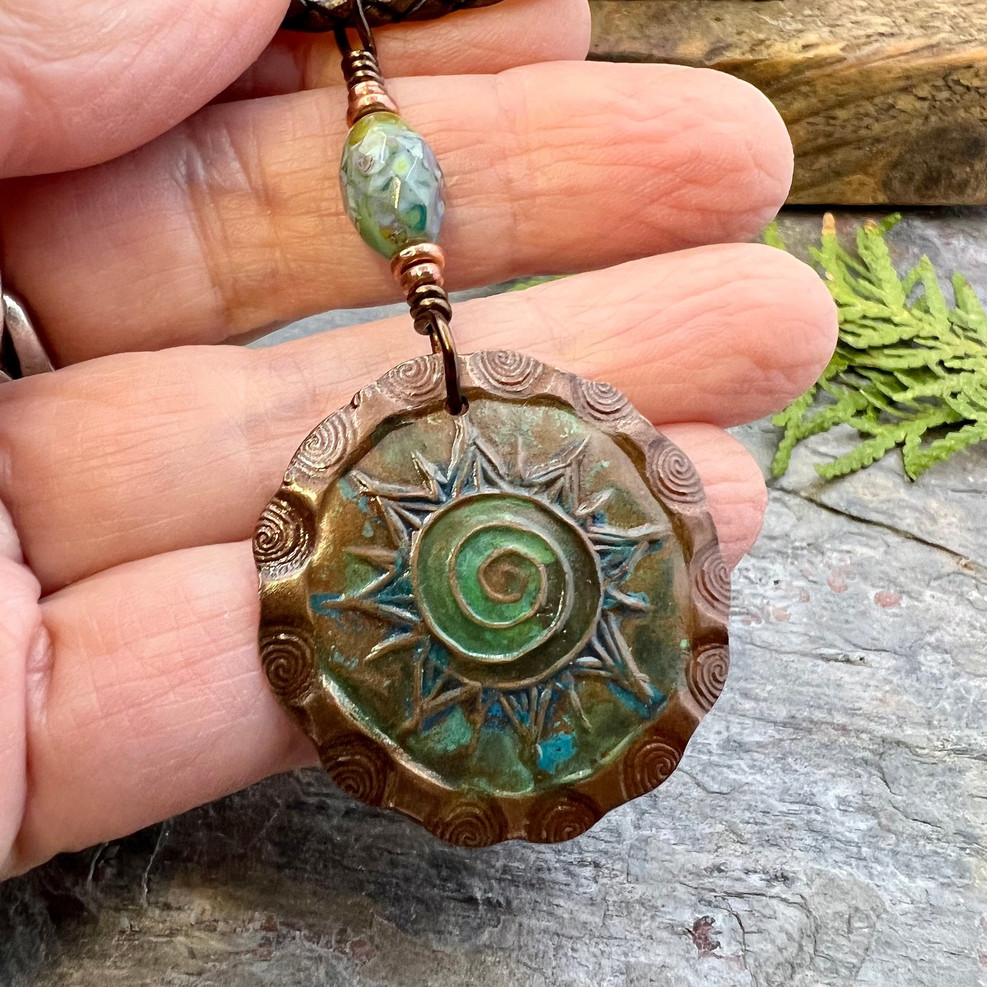 Celtic Sun Spiral Necklace, Copper Charm, Irish Celtic Spirals, Patina Colors, Czech Glass, Leather & Vegan Cords, Earthy Rustic Art Jewelry