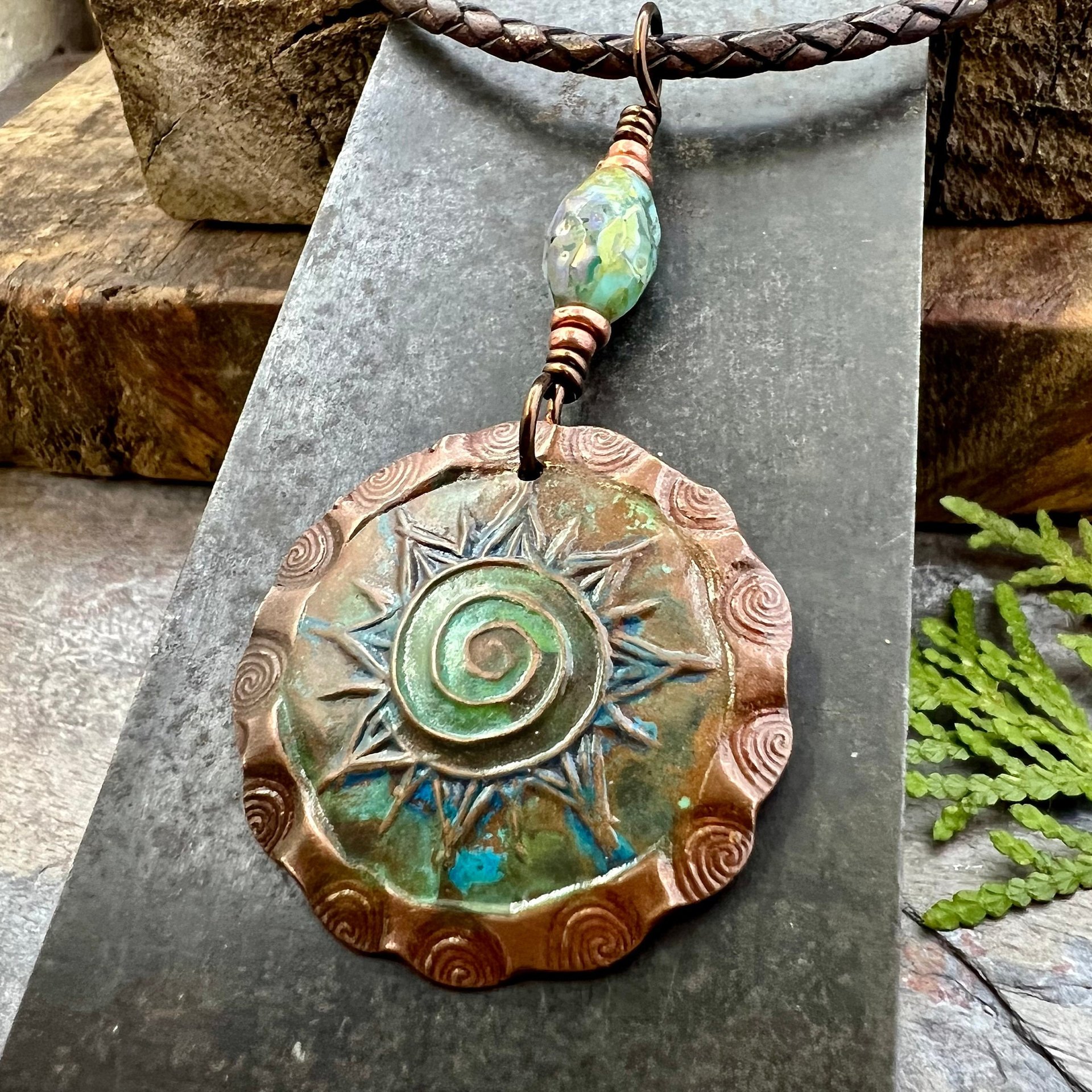 Celtic Sun Spiral Necklace, Copper Charm, Irish Celtic Spirals, Patina Colors, Czech Glass, Leather & Vegan Cords, Earthy Rustic Art Jewelry