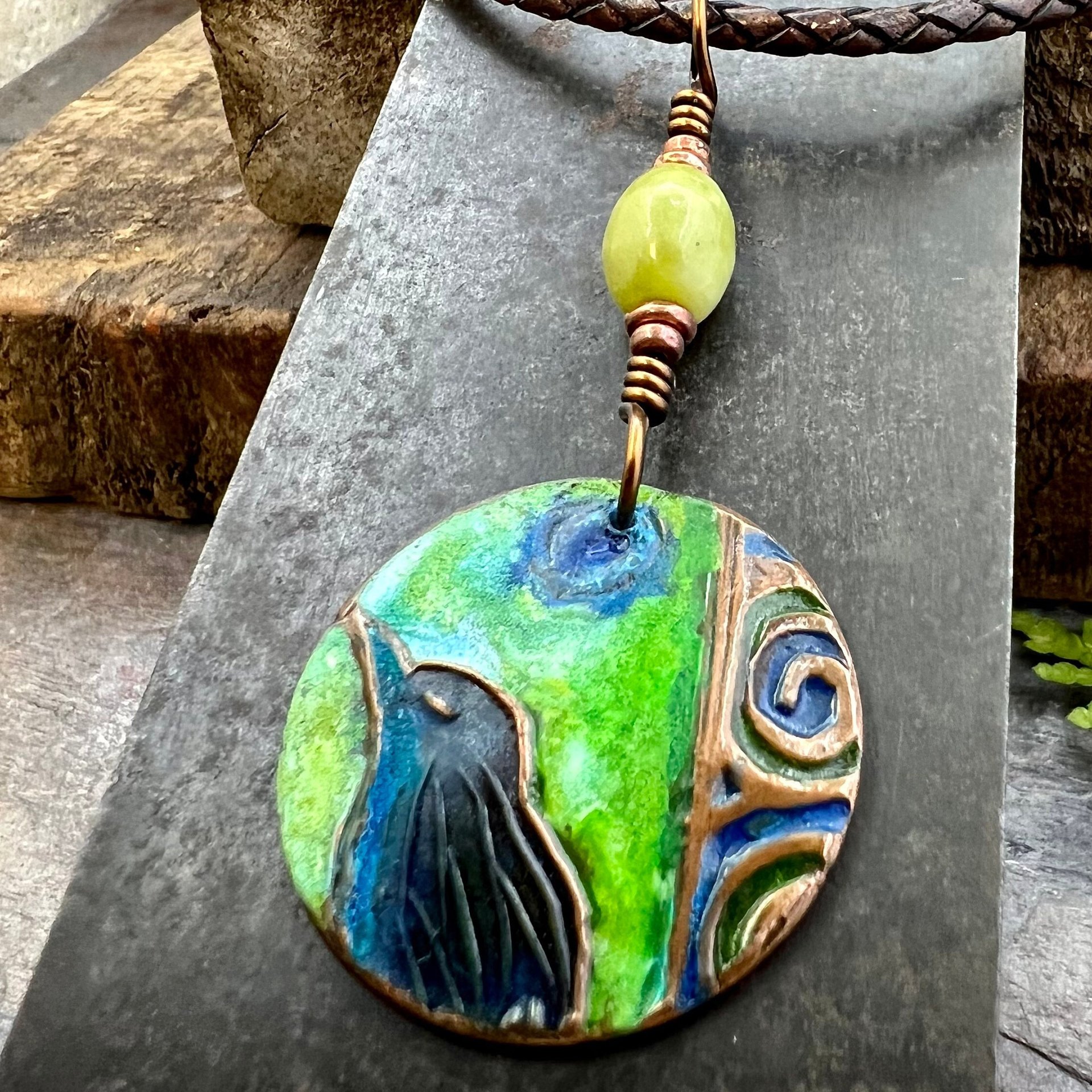 Copper Raven Pendant, Colorful Patina, Connemara Marble, Hand Carved, Irish Celtic Spirals, Celtic Witch Goddess, Ancient Earthy Jewelry