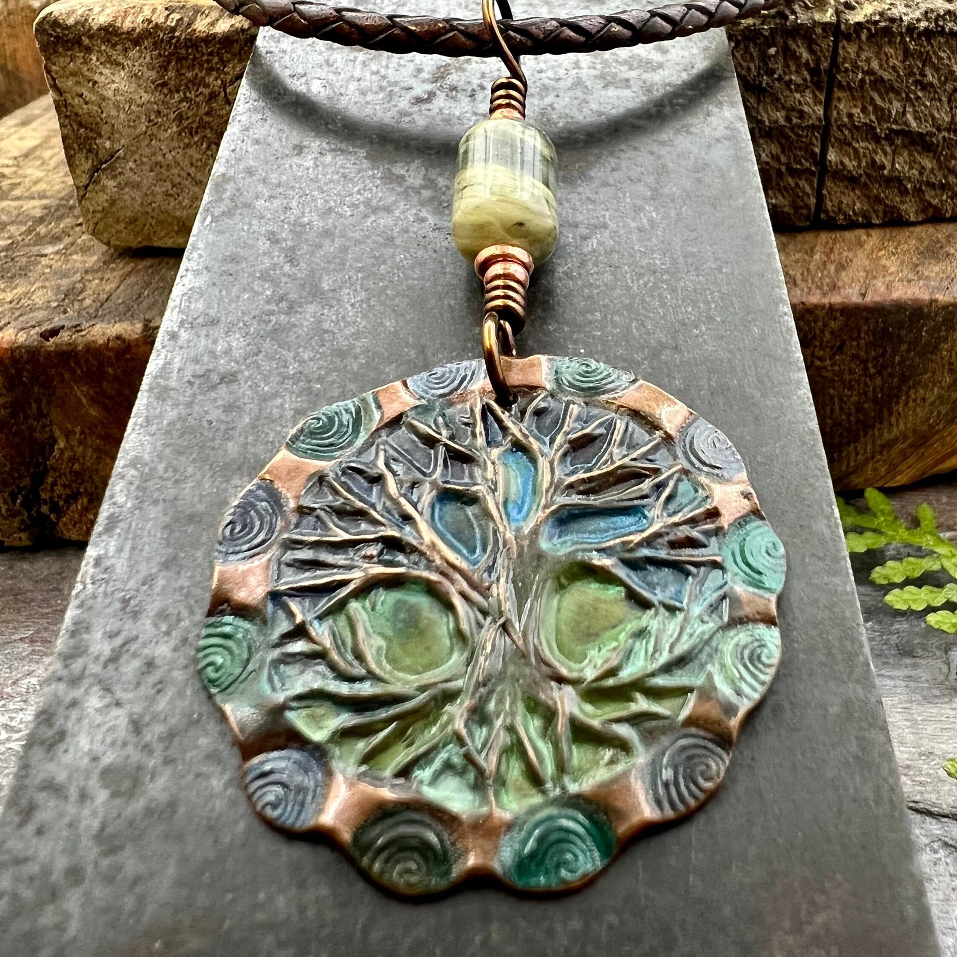 Tree of Life Pendant, Copper Colorful Patina, Connemara Marble, Hand Carved, Irish Celtic Spirals, Celtic Witch Goddess, Ancient Earthy Art