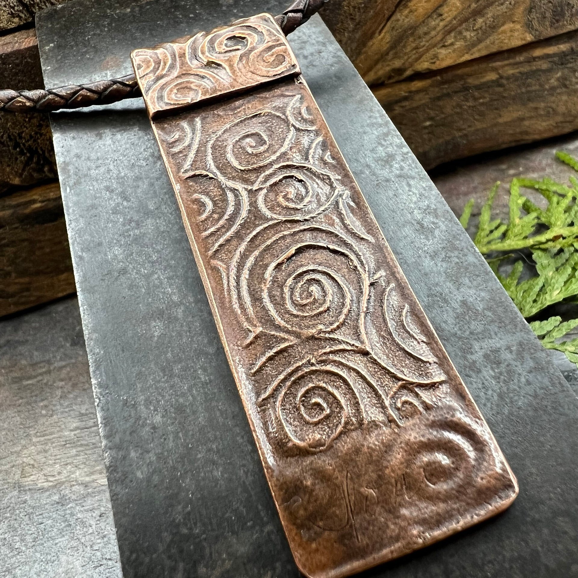 Two Trees Copper Pendant, Irish Celtic Spirals, Hand Carved, Intertwined in Love, 7th Anniversary, Leather & Vegan Cords, Long Tree Necklace