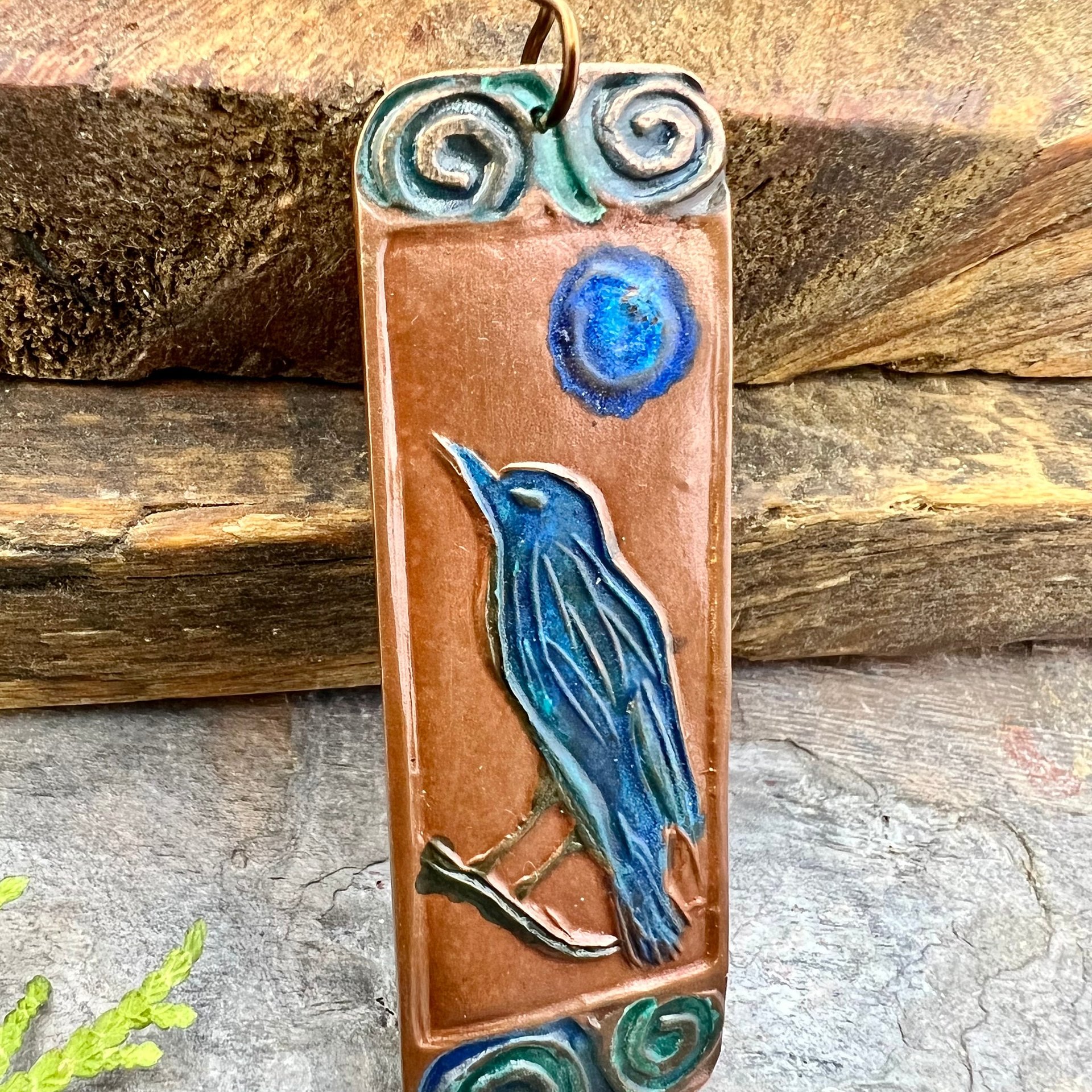 Raven Full Moon, Copper Pendant, Celtic Spirals, Colorful Patina, Czech Glass, Leather & Vegan Cords, Handmade Art Jewelry, Pagan Witch Gift
